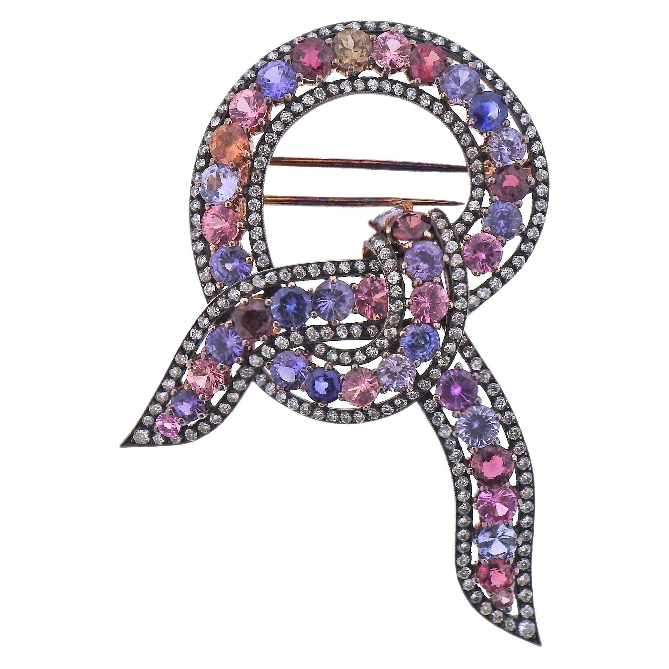 Multi Color Sapphire Diamond Gold Ribbon Brooch Pin For Sale