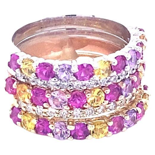Modern Multi Color Sapphire Diamond Gold Stackable Bands For Sale