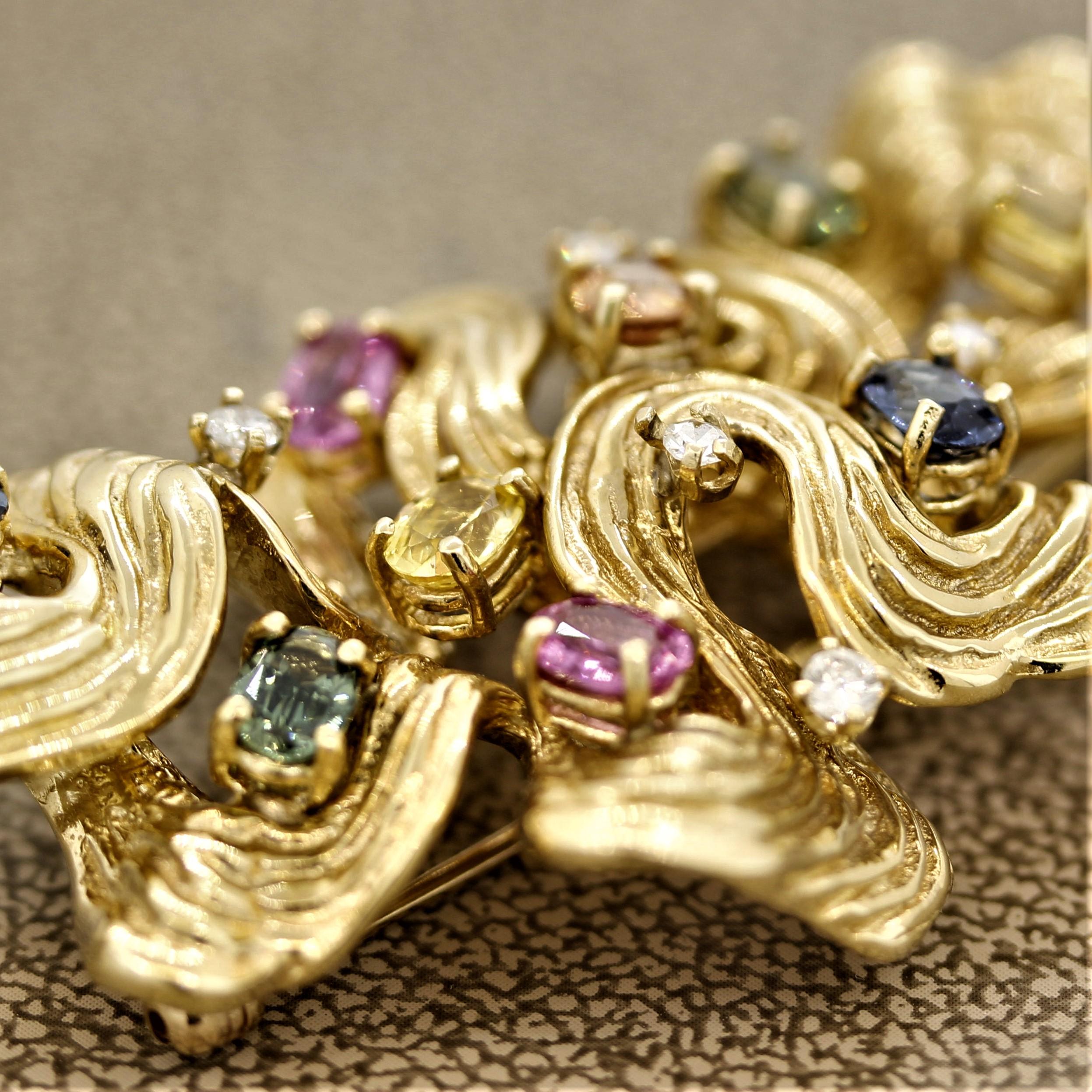 Mixed Cut Multi-Color Sapphire Diamond Gold Swirl Brooch For Sale