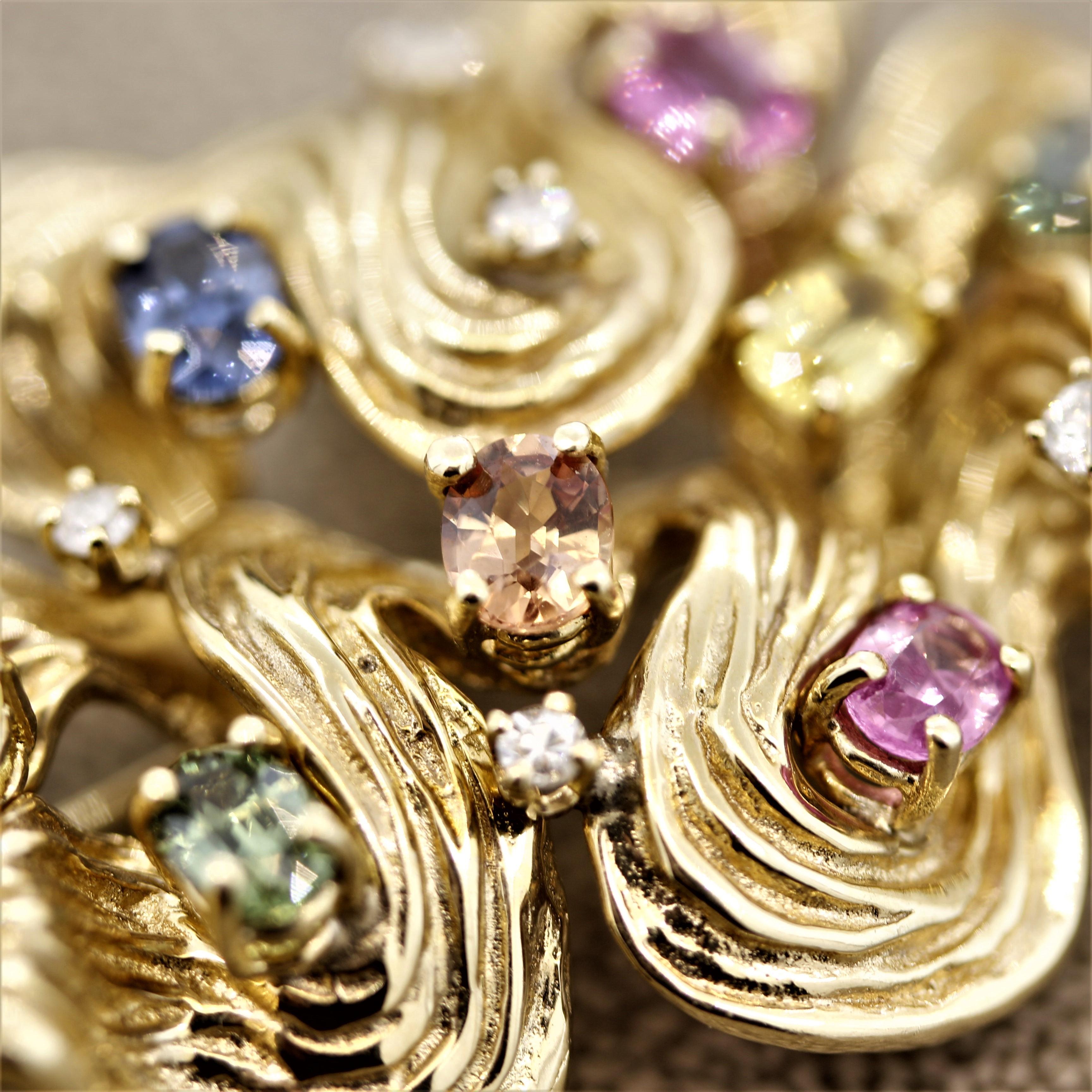 Multi-Color Sapphire Diamond Gold Swirl Brooch In New Condition For Sale In Beverly Hills, CA