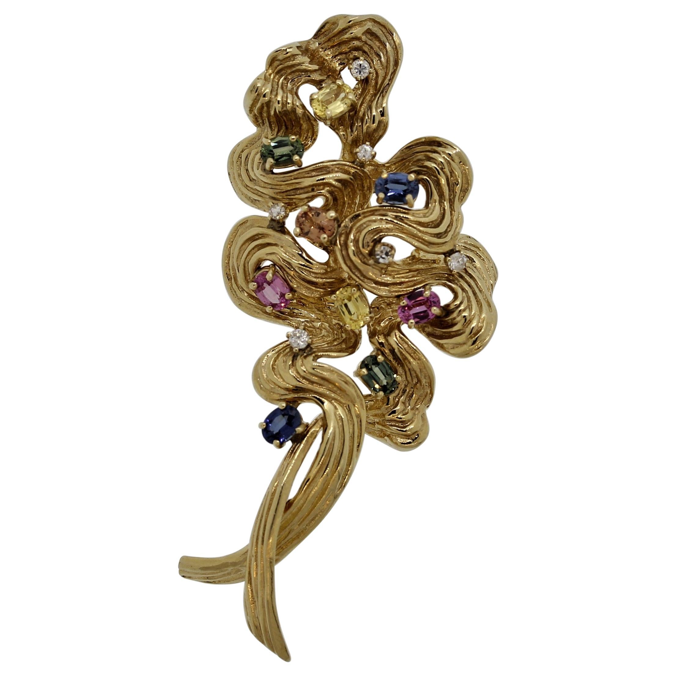 Multi-Color Sapphire Diamond Gold Swirl Brooch For Sale