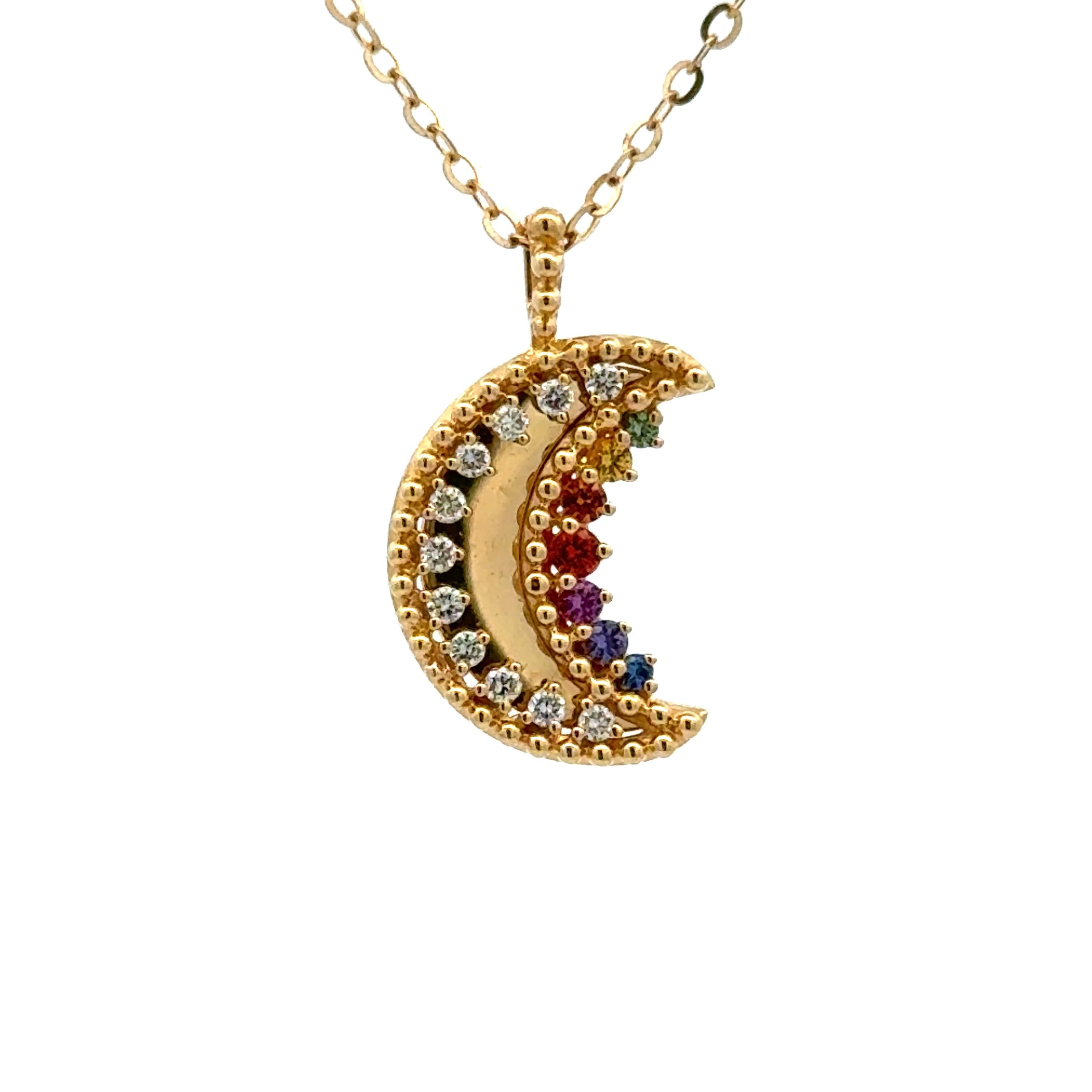 Pendente in oro giallo 18 carati con motivo a mezzaluna con 11 diamanti, 0,10 carati e 7 zaffiri multicolore, 0,11 carati.
Mezzaluna 0.60