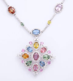 Multi-Color Sapphire  Diamond Necklace