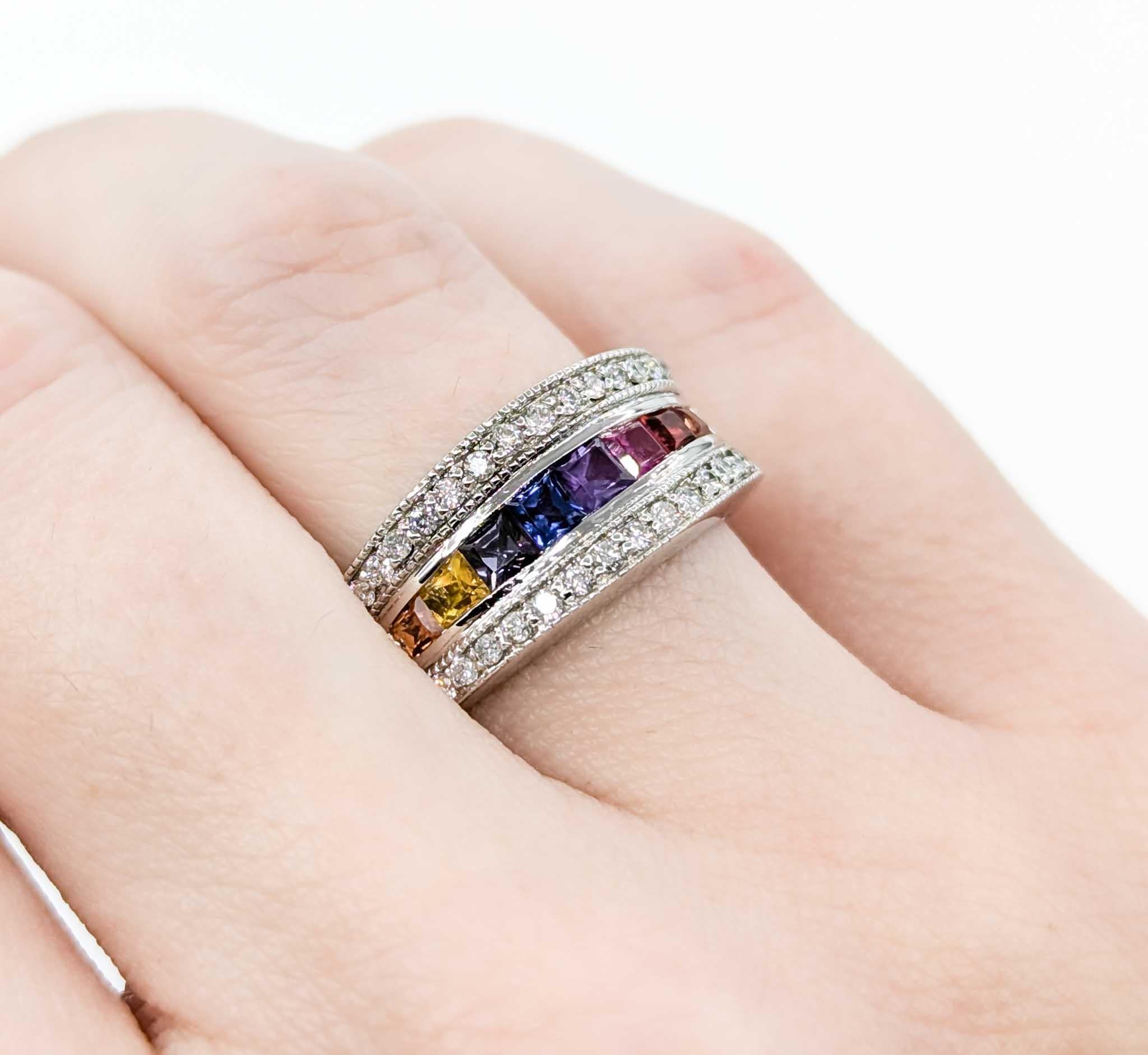 Princess Cut Multi-Color Sapphire & Diamond Ring in White Gold For Sale