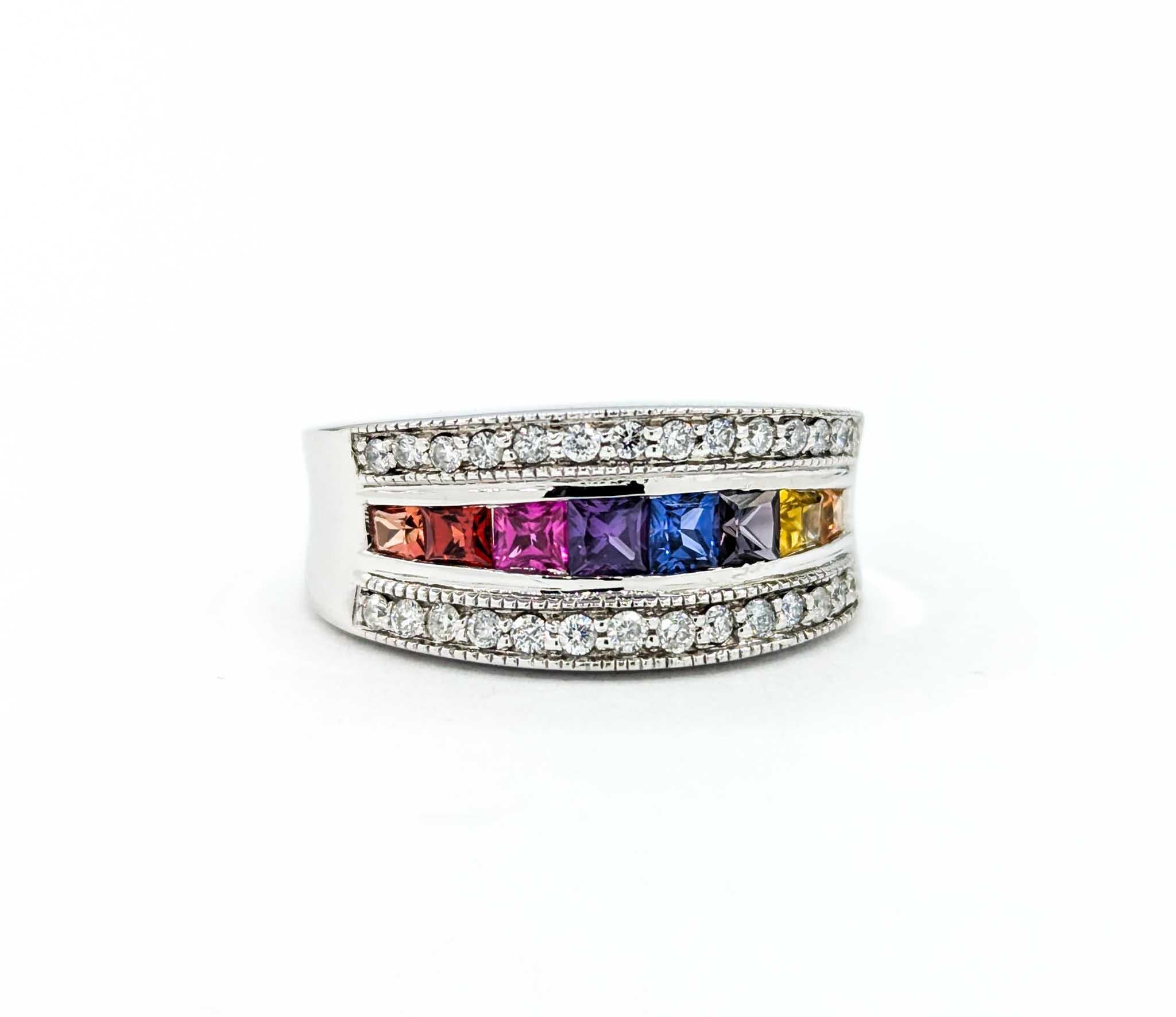 Women's Multi-Color Sapphire & Diamond Ring in White Gold For Sale