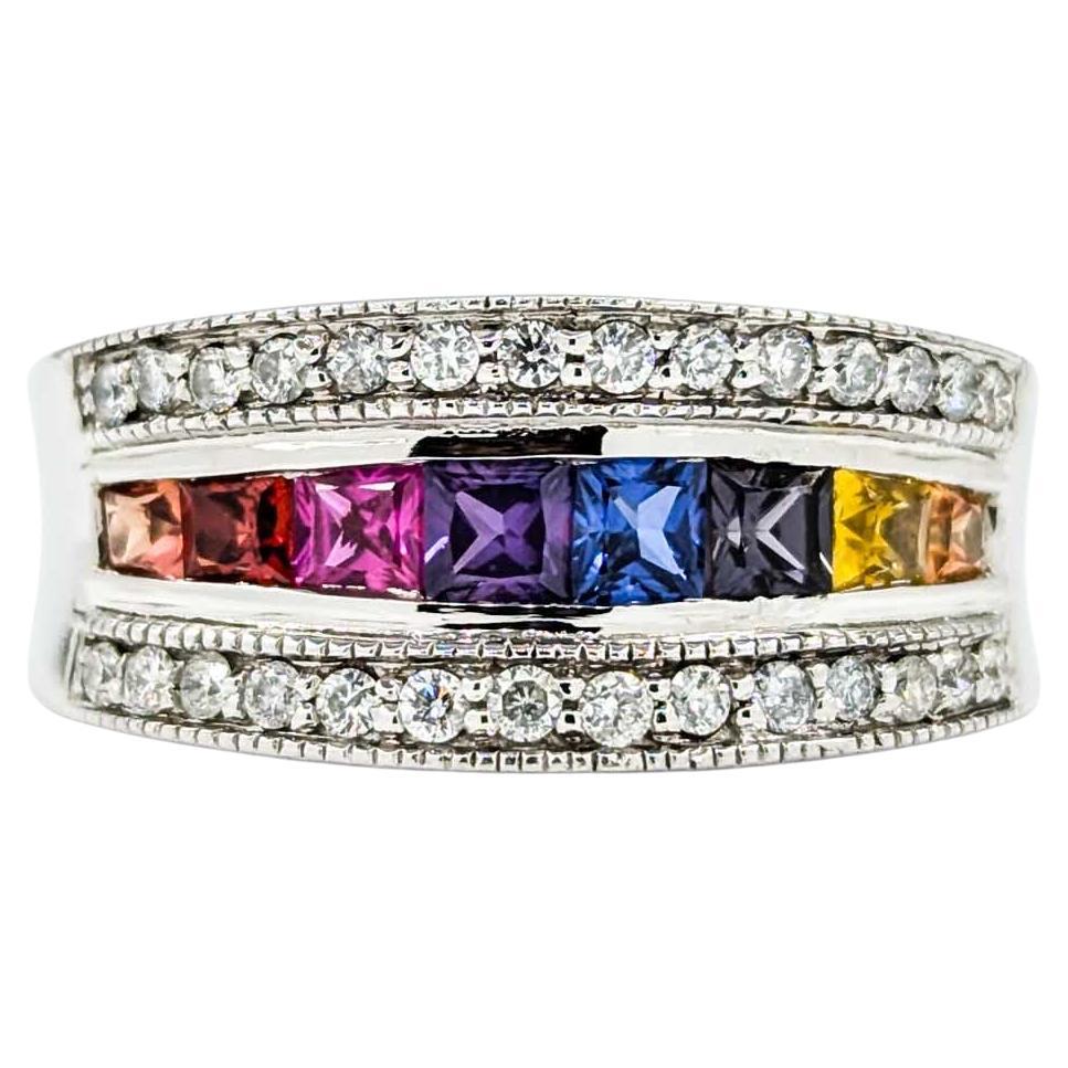 Multi-Color Sapphire & Diamond Ring in White Gold