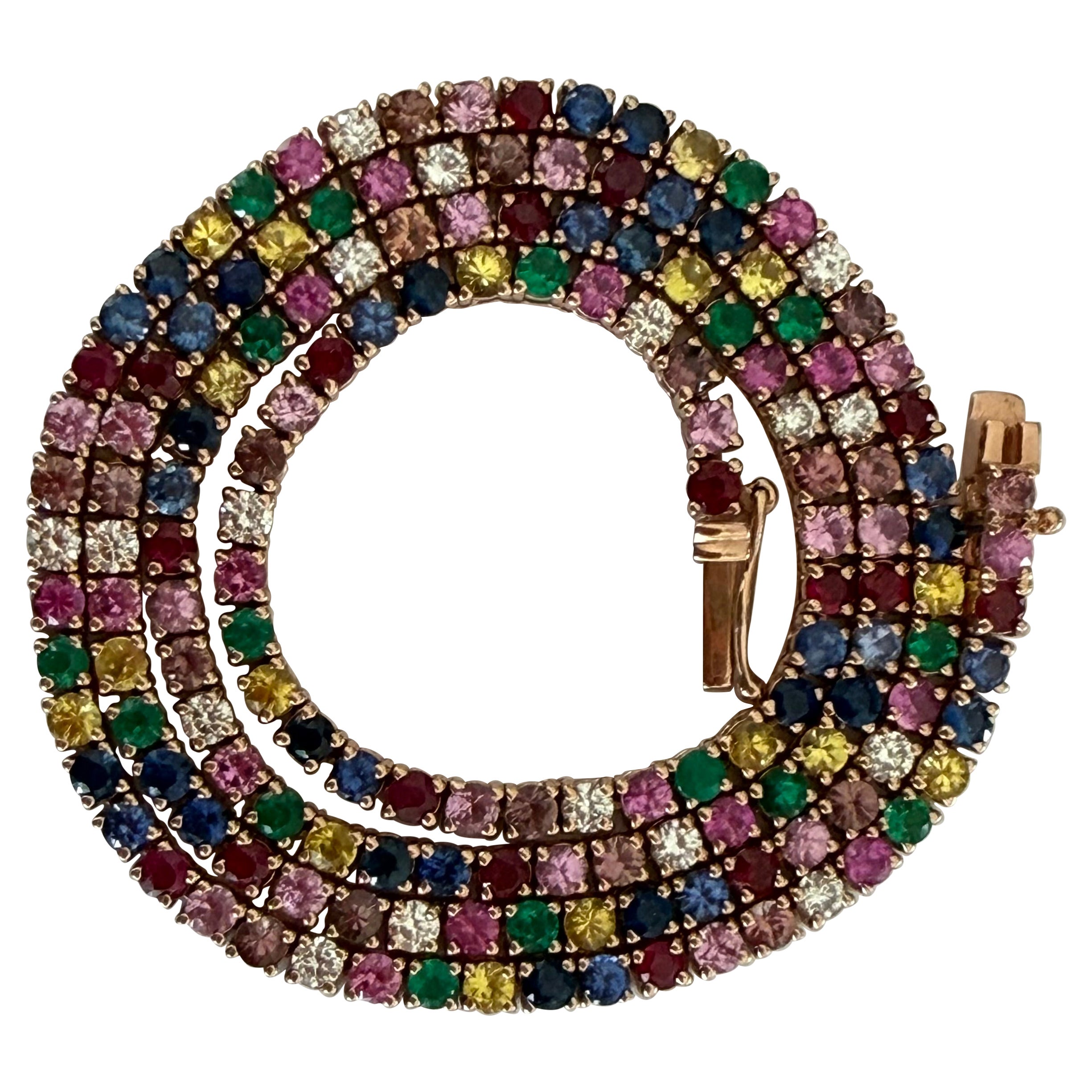 Collier de tennis en saphir multicolore, diamant, rubis et émeraude