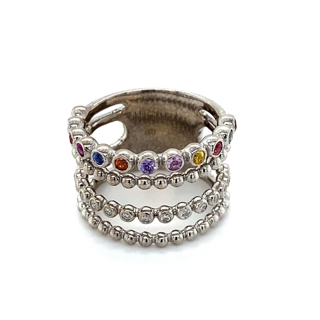 Contemporary Multi Color Sapphire Diamond White Gold Stacked Band For Sale