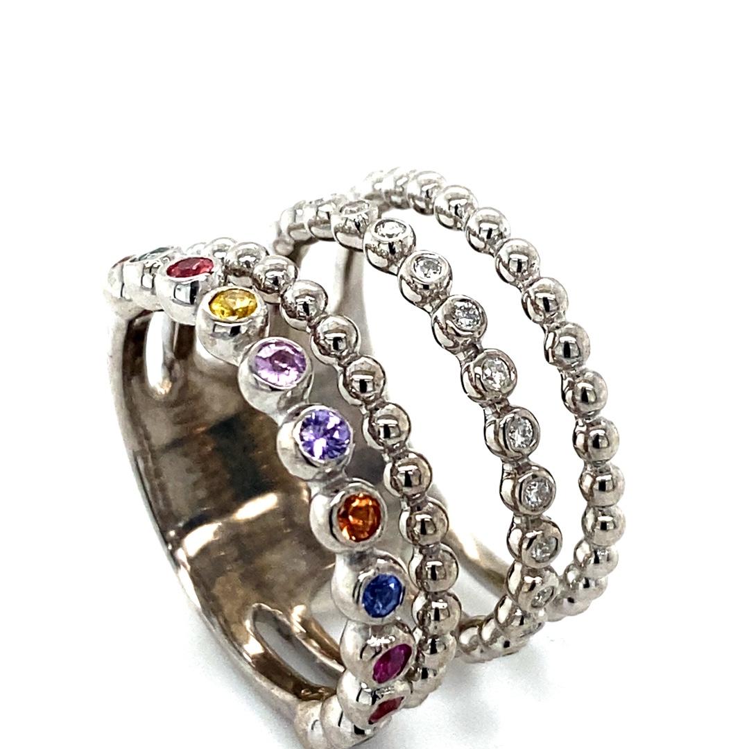 Round Cut Multi Color Sapphire Diamond White Gold Stacked Band For Sale