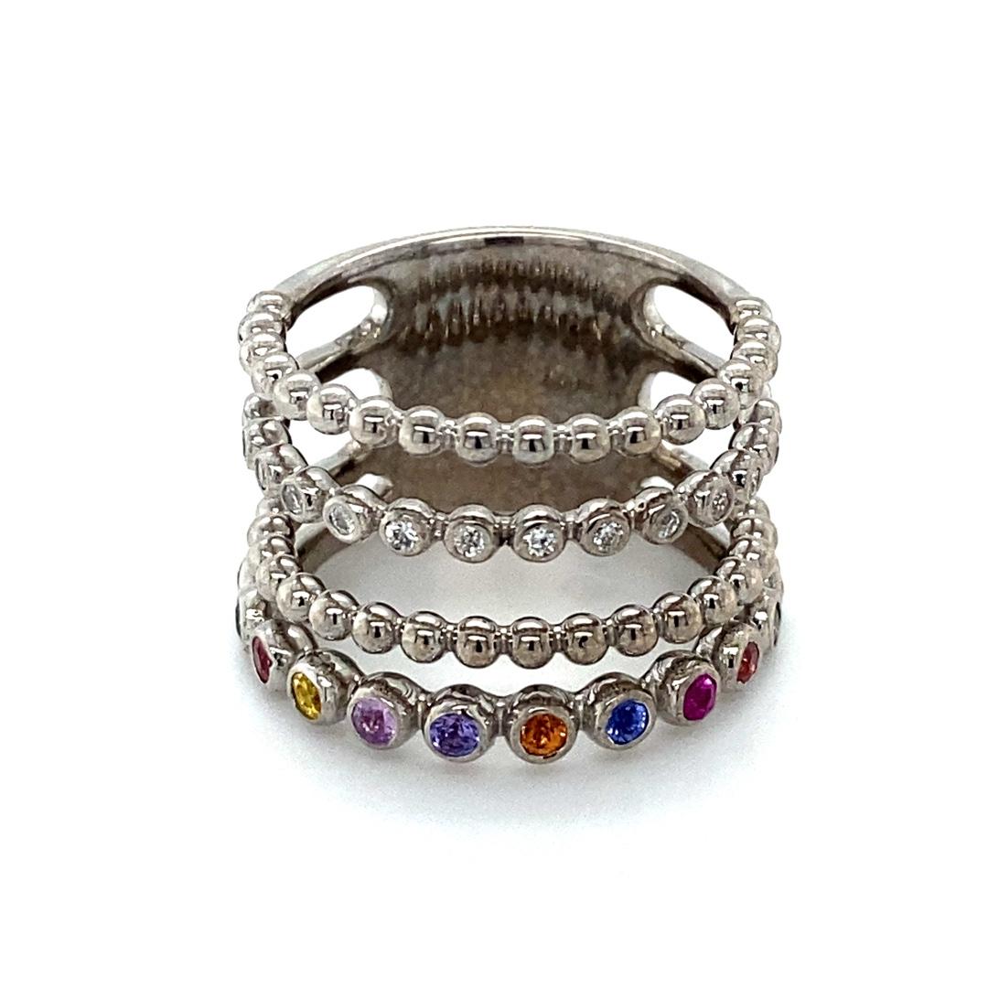Multi Color Sapphire Diamond White Gold Stacked Band In New Condition For Sale In Los Angeles, CA