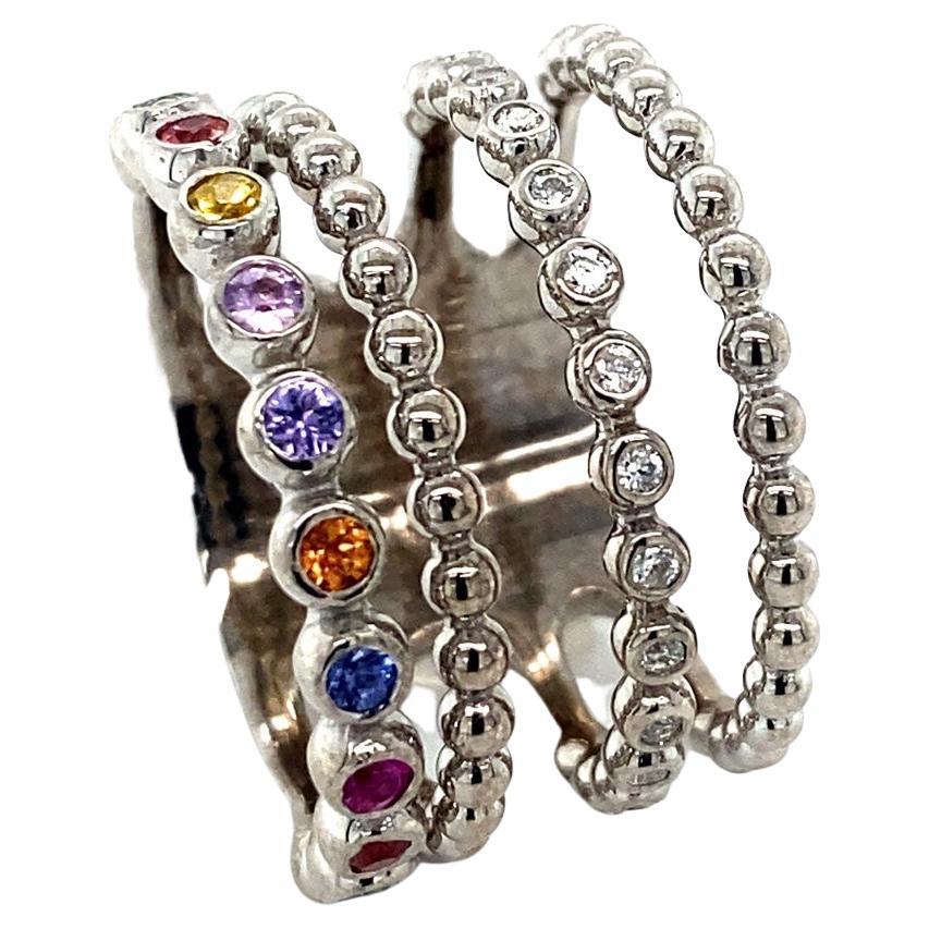 Multi Color Sapphire Diamond White Gold Stacked Band For Sale