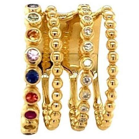 Designer Inspired - on trend Multi Color Sapphire Diamond 14 Karat Yellow Gold Band 

There are 12 Round Cut Multi Colored Sapphires that weigh approximately a total weight of 0.47 carats and 16 Round Cut Diamonds that weigh 0.17 carats (clarity: