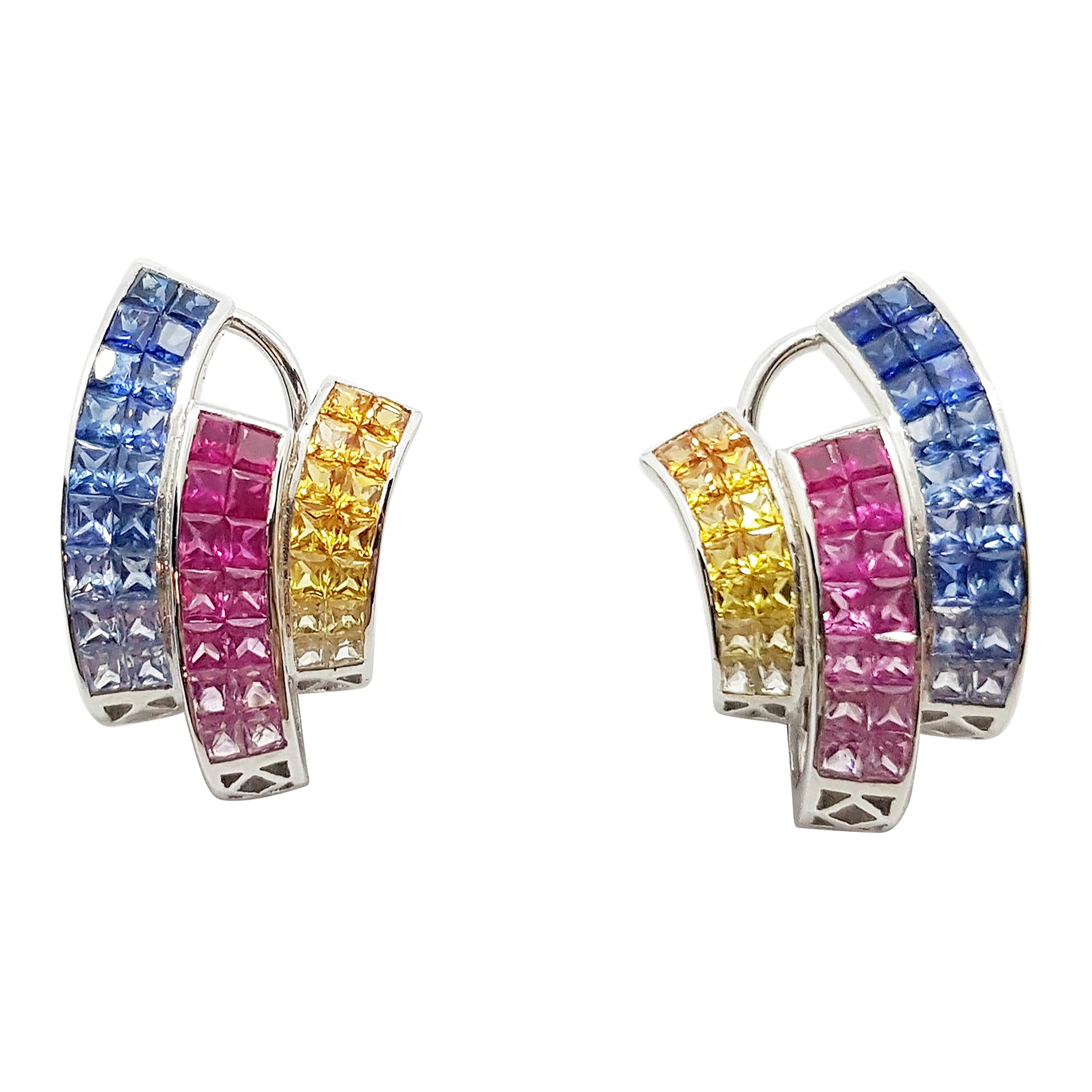 Multi-Color Sapphire Earrings Set in 18 Karat White Gold Setting For Sale