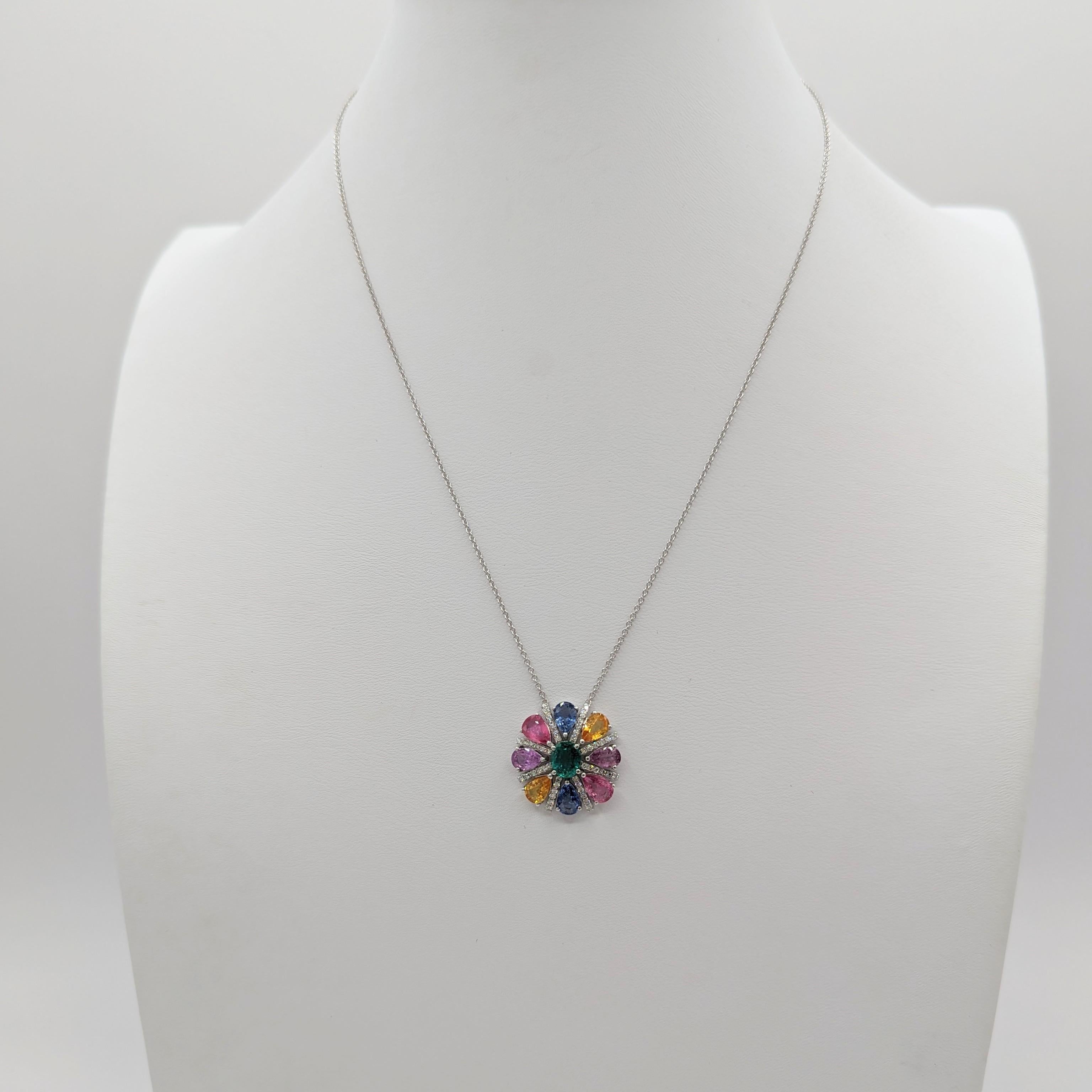 Multi Color Sapphire, Emerald and White Diamond Pendant Necklace in 18K  In New Condition For Sale In Los Angeles, CA