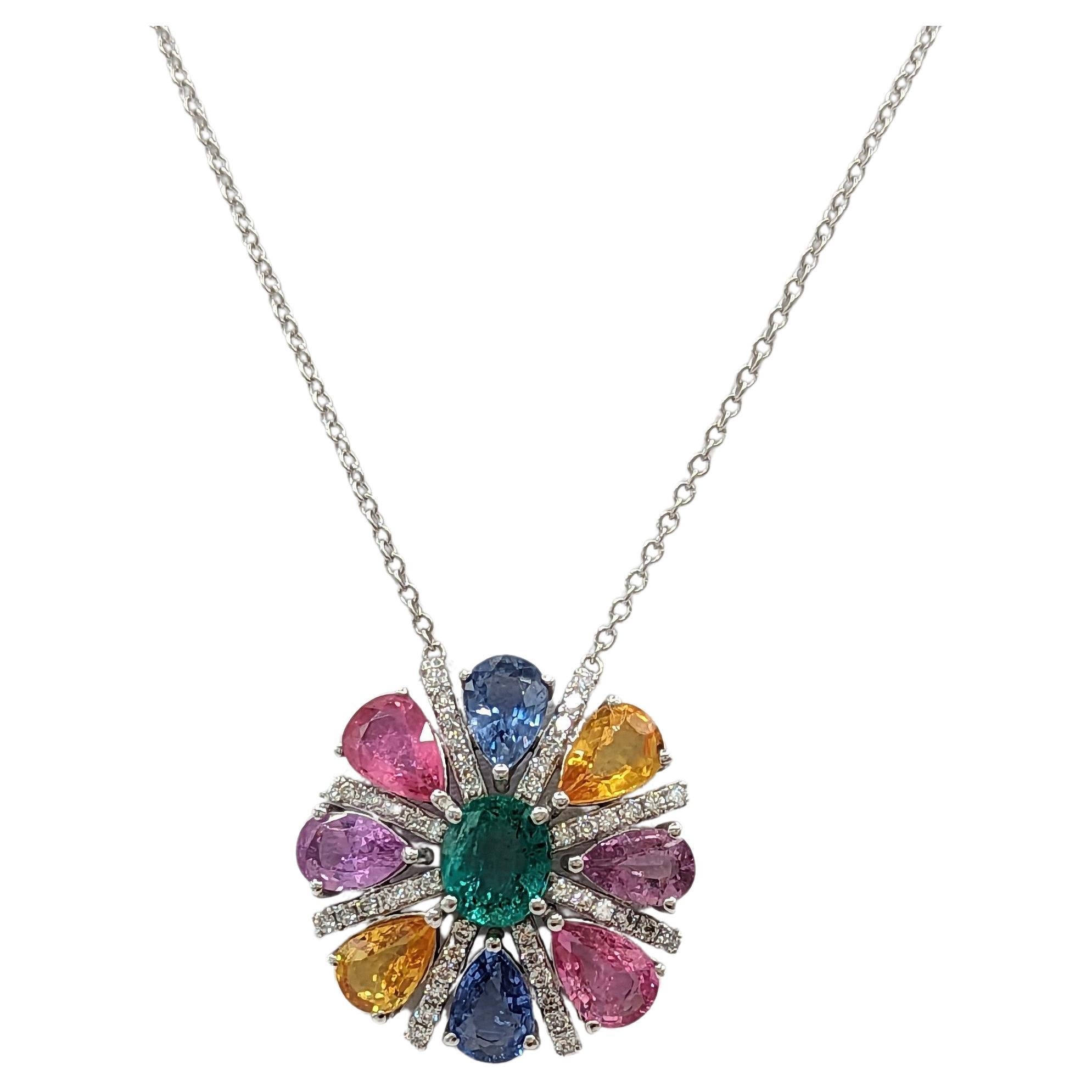 Multi Color Sapphire, Emerald and White Diamond Pendant Necklace in 18K 