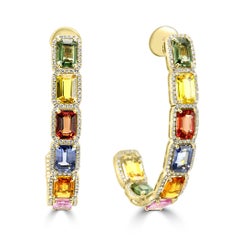 Multi Sapphire Emerald & Diamond 12.30 Carat 14 Karat Yellow Gold Drop Earring