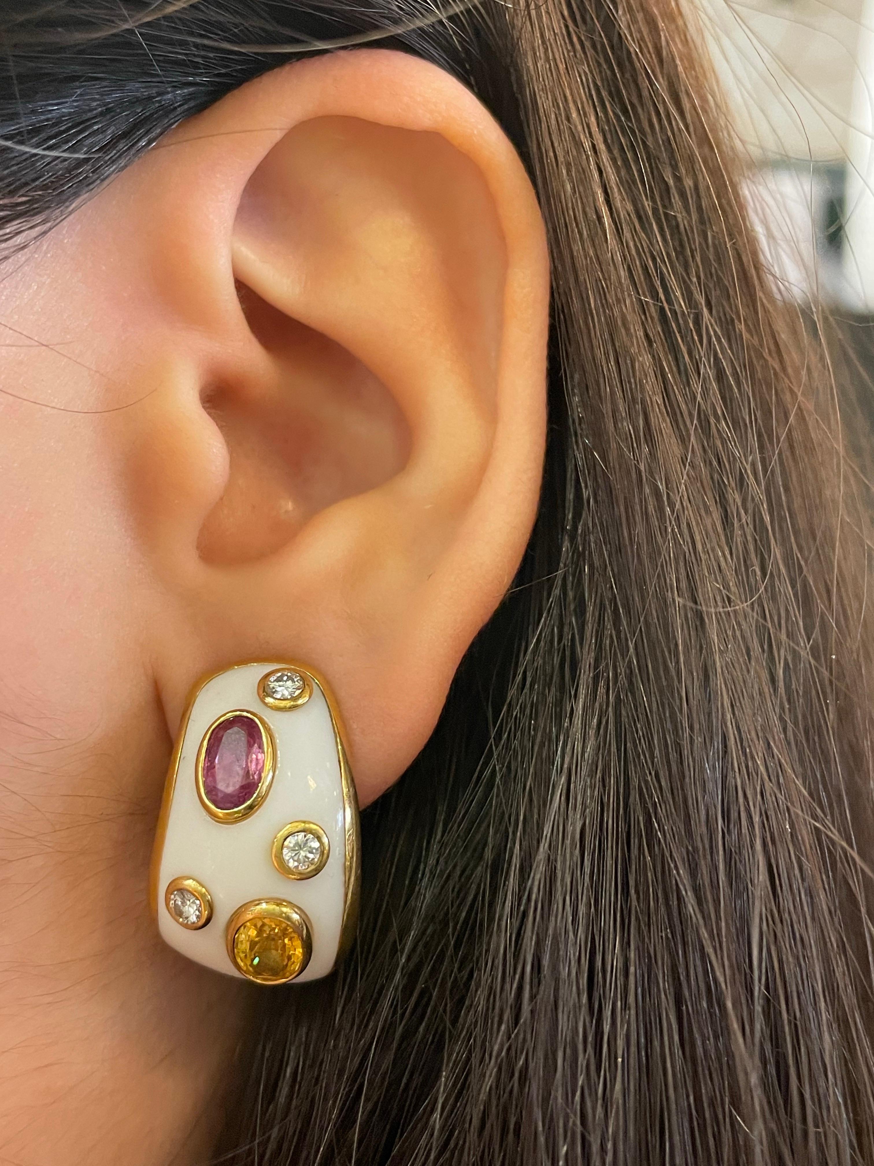 Multi-Color Sapphire Enamel Earrings 

Multicolor oval sapphires and round-cut diamonds set on white enamel

Approximate Length: 1