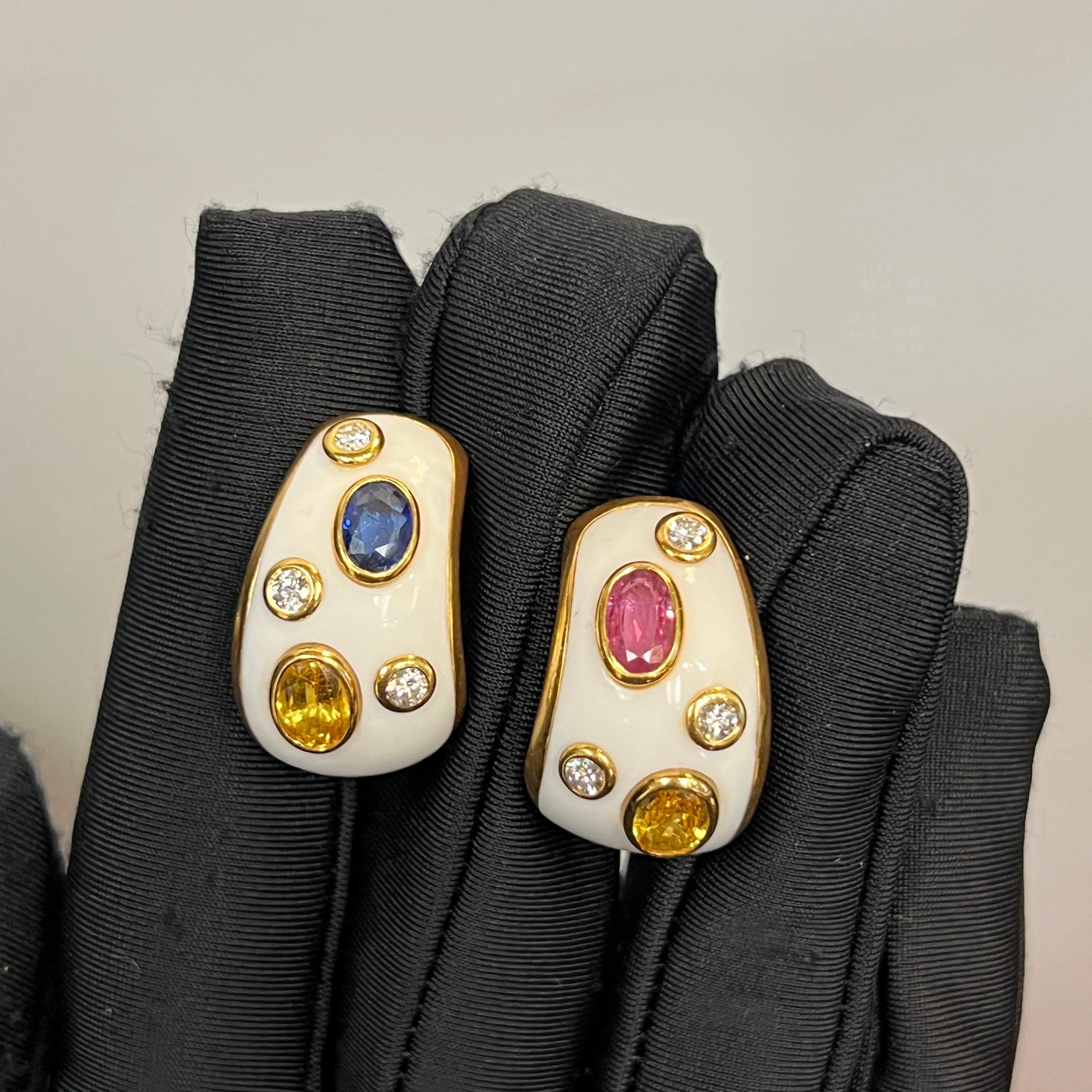Mixed Cut Multi-Color Sapphire Enamel Earrings For Sale