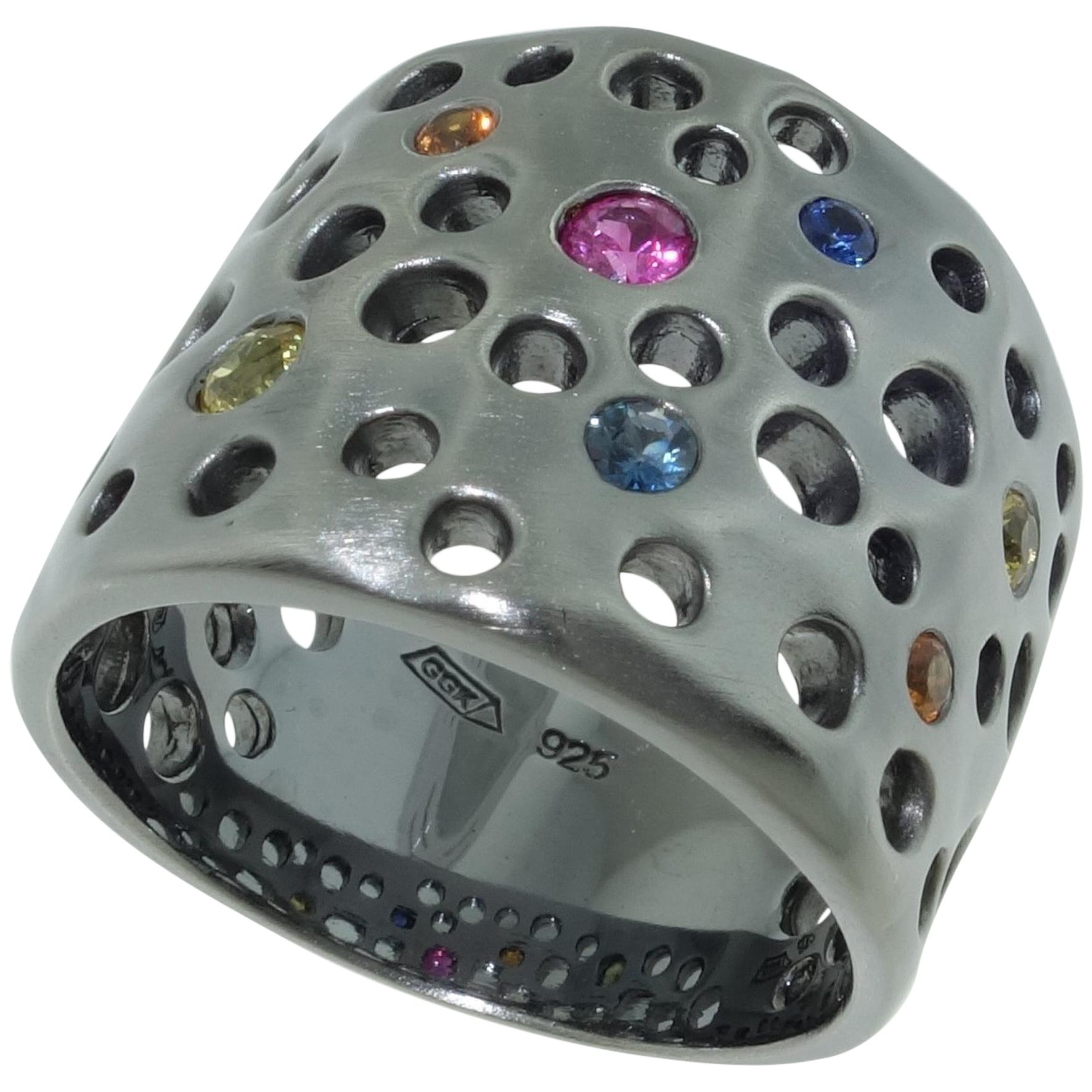 Multi-Color Sapphire Gem Dome Statement Ring Estate Fine Jewelry For Sale
