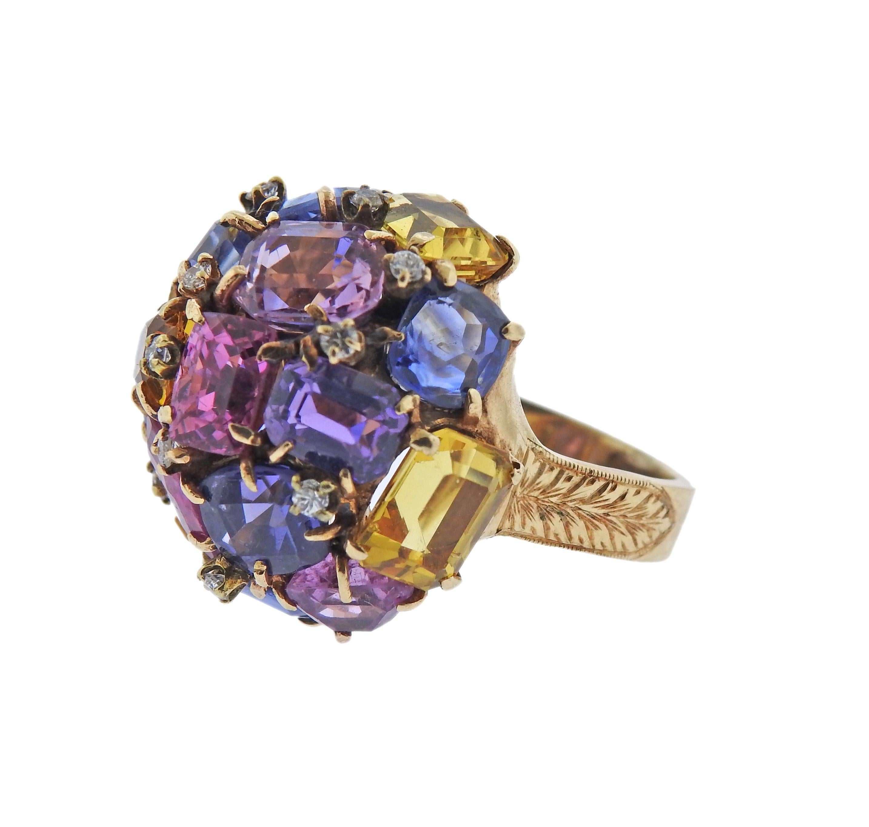 14k gold dome ring, with multi color sapphires, citrine and amethyst, and approx. 0.12ctw in diamonds. Ring size - 6.5, ring top - 23mm x 22mm. Marked: 14k. Weight - 17.1 grams.