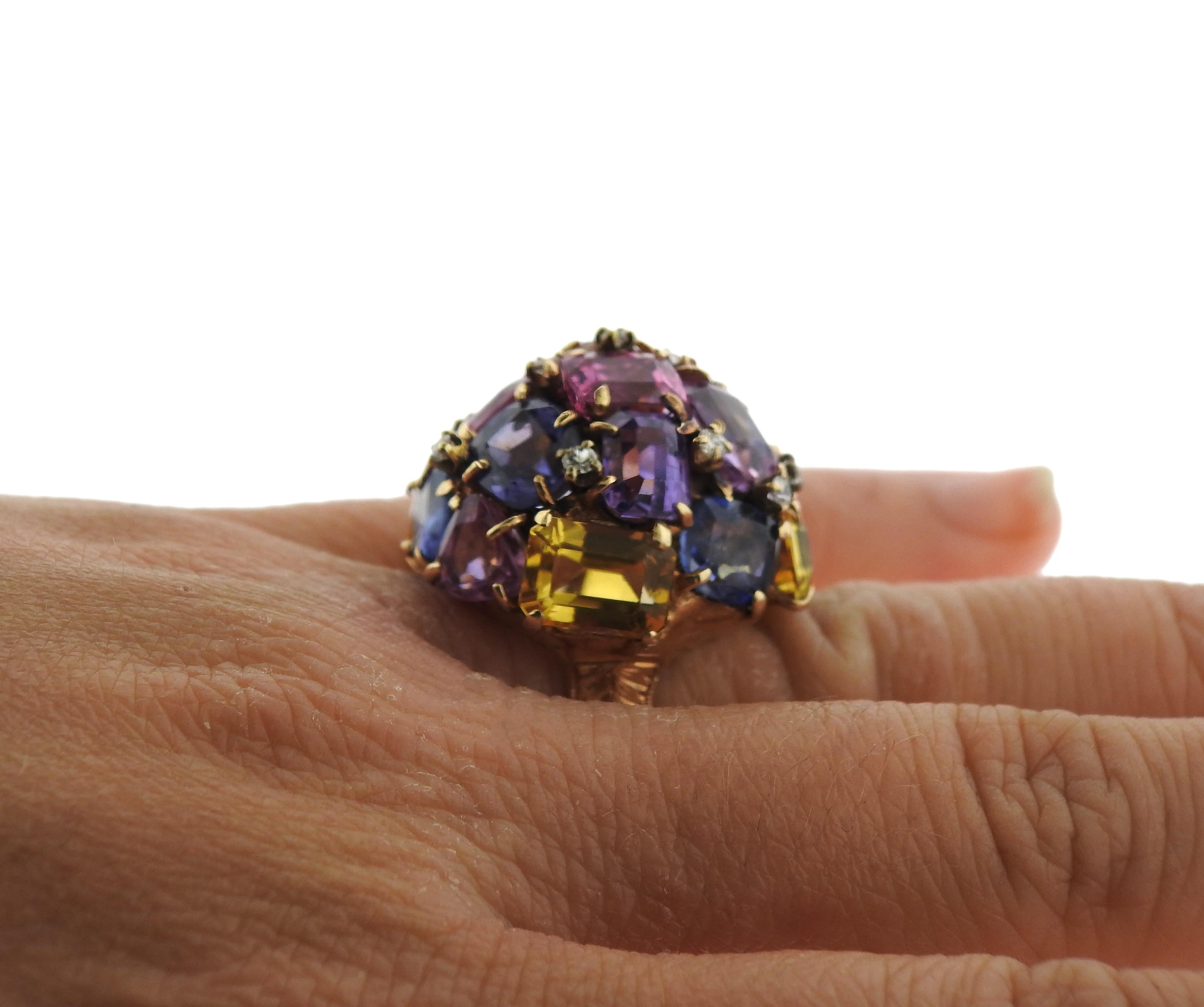 Round Cut Multi Color Sapphire Gemstone Diamond Gold Dome Ring For Sale