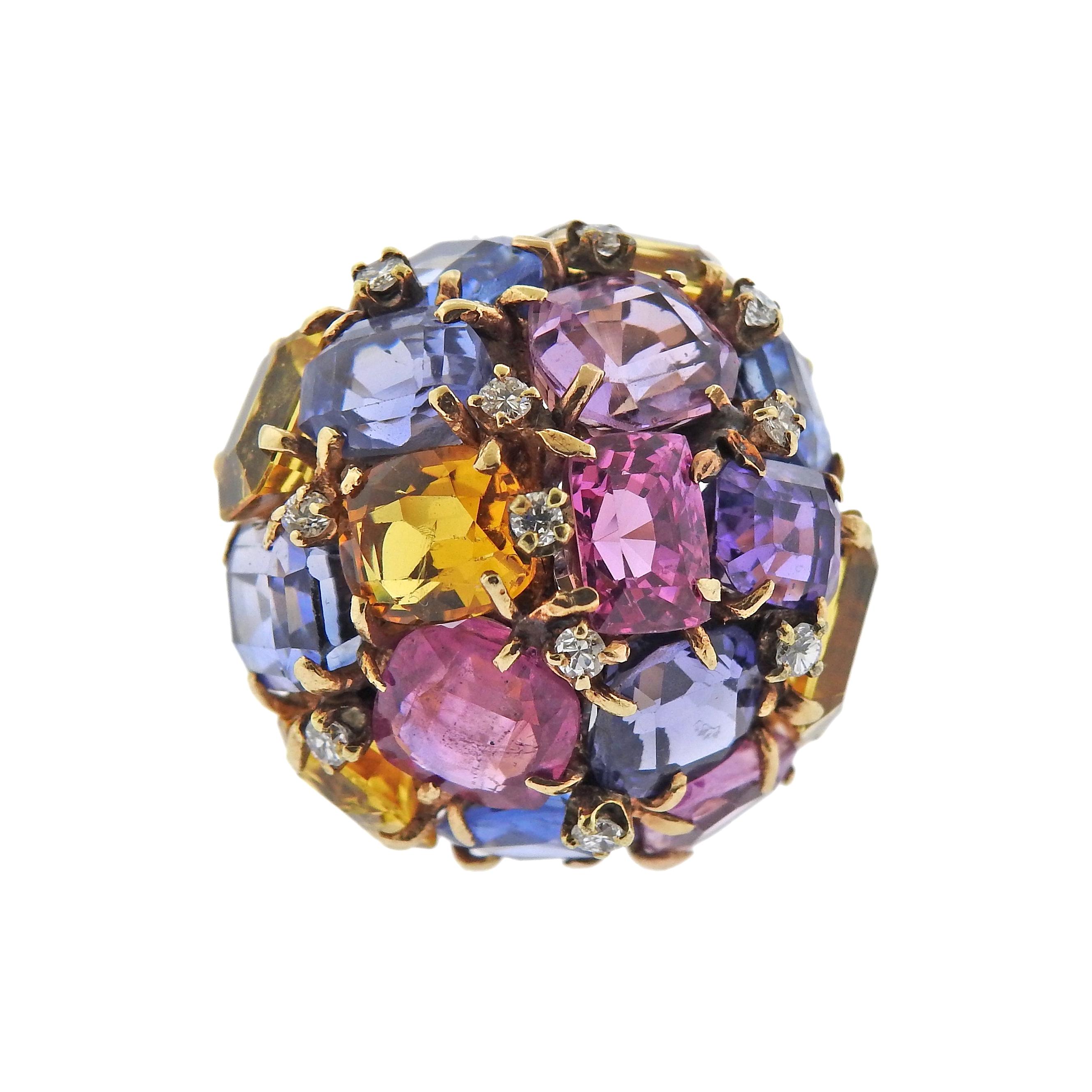 Multi Color Sapphire Gemstone Diamond Gold Dome Ring