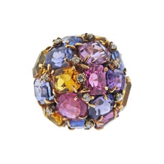 Multi Color Sapphire Gemstone Diamond Gold Dome Ring