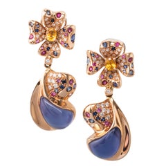 Multi-Color Sapphire Lapis Lazuli Mother of Pearl Quartz Diamond Dangle Earrings