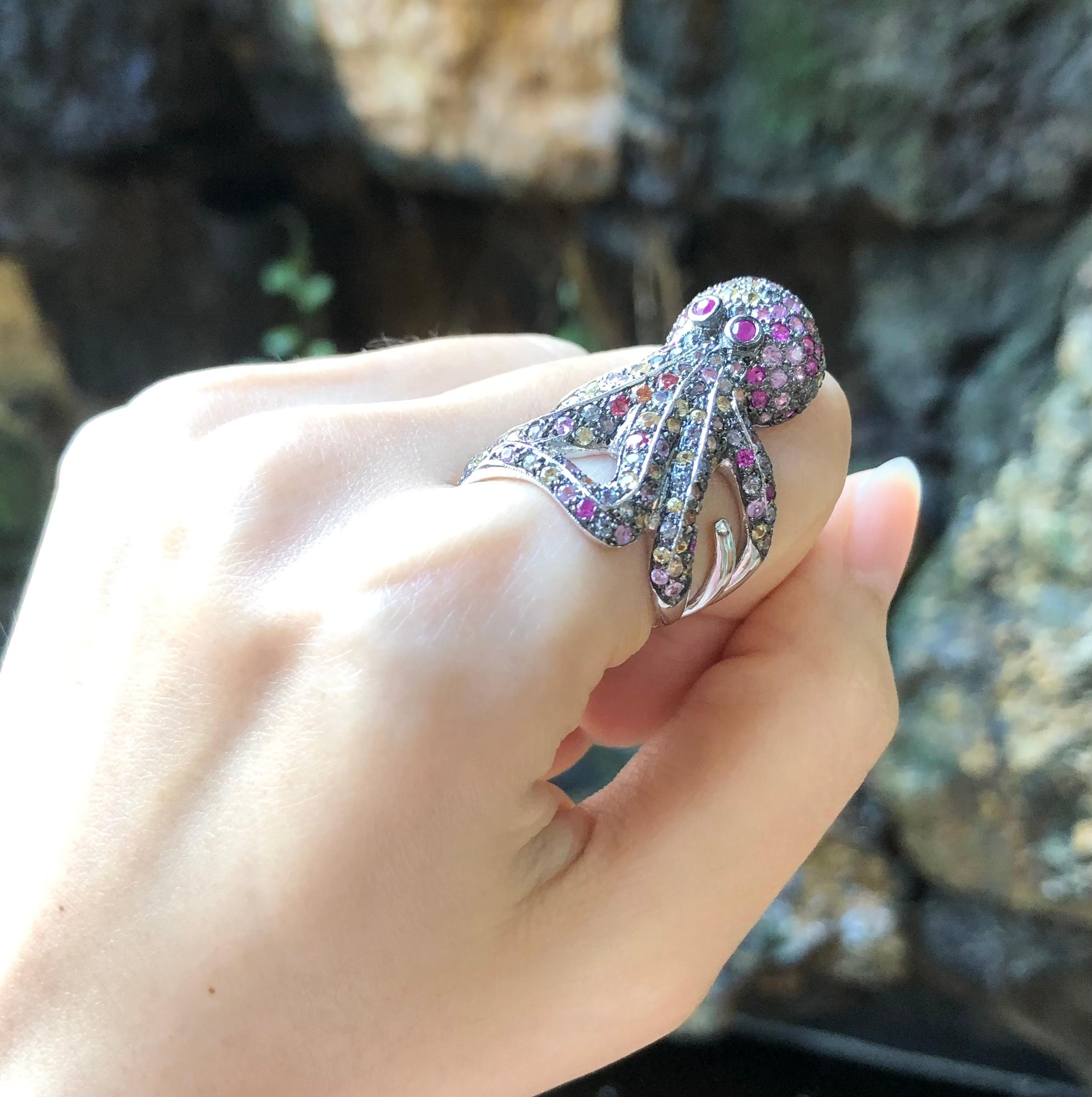 Multi-Color Sapphire Octopus Ring set in Silver Settings For Sale 1