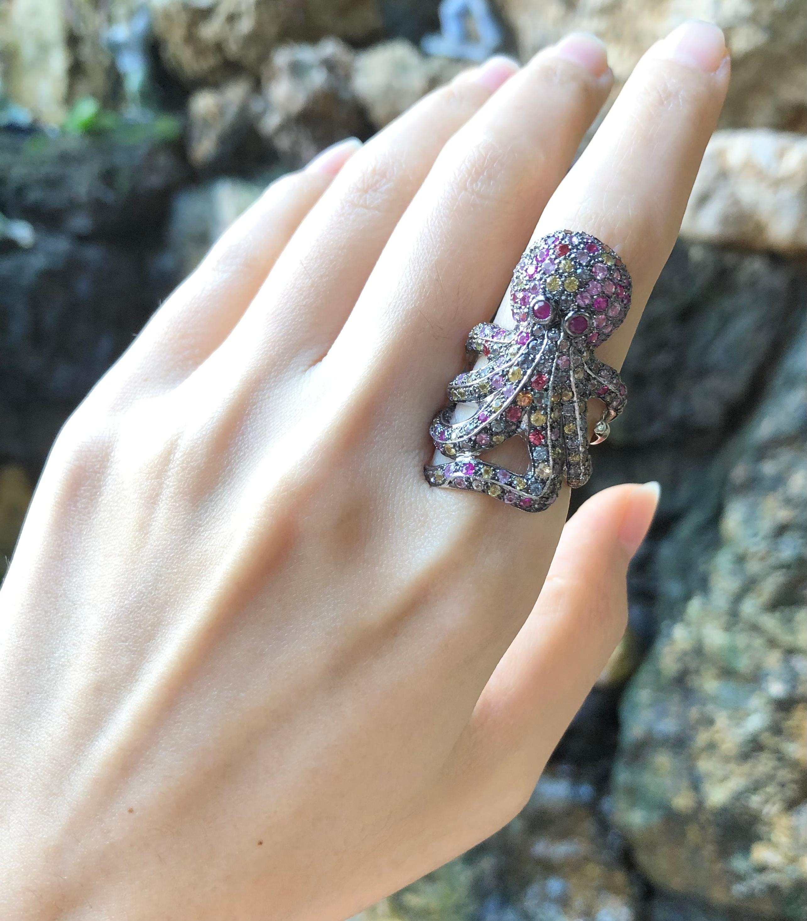 Multi-Color Sapphire Octopus Ring set in Silver Settings For Sale 3