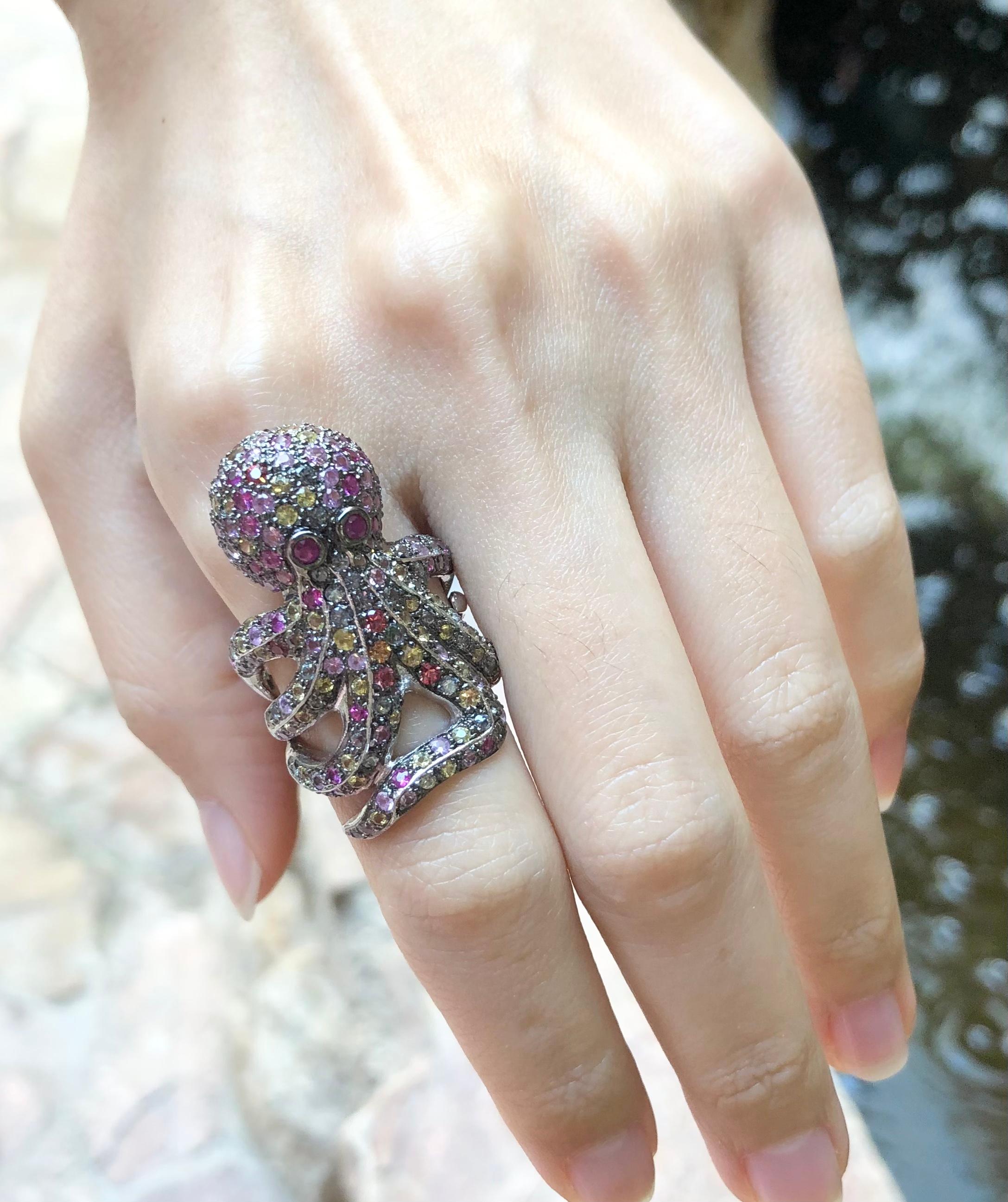 Multi-Color Sapphire Octopus Ring set in Silver Settings For Sale 4