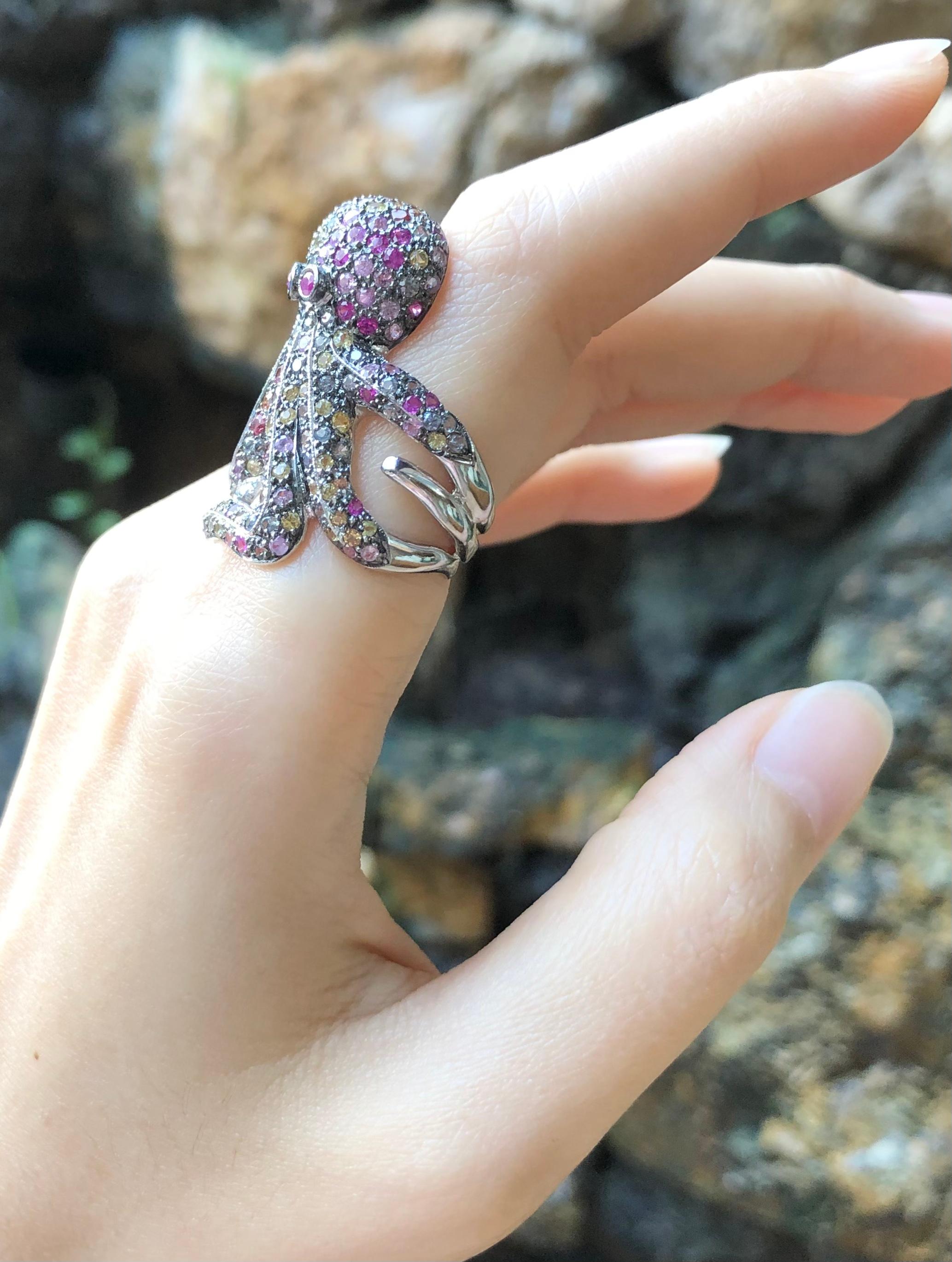 Multi-Color Sapphire Octopus Ring set in Silver Settings For Sale 5