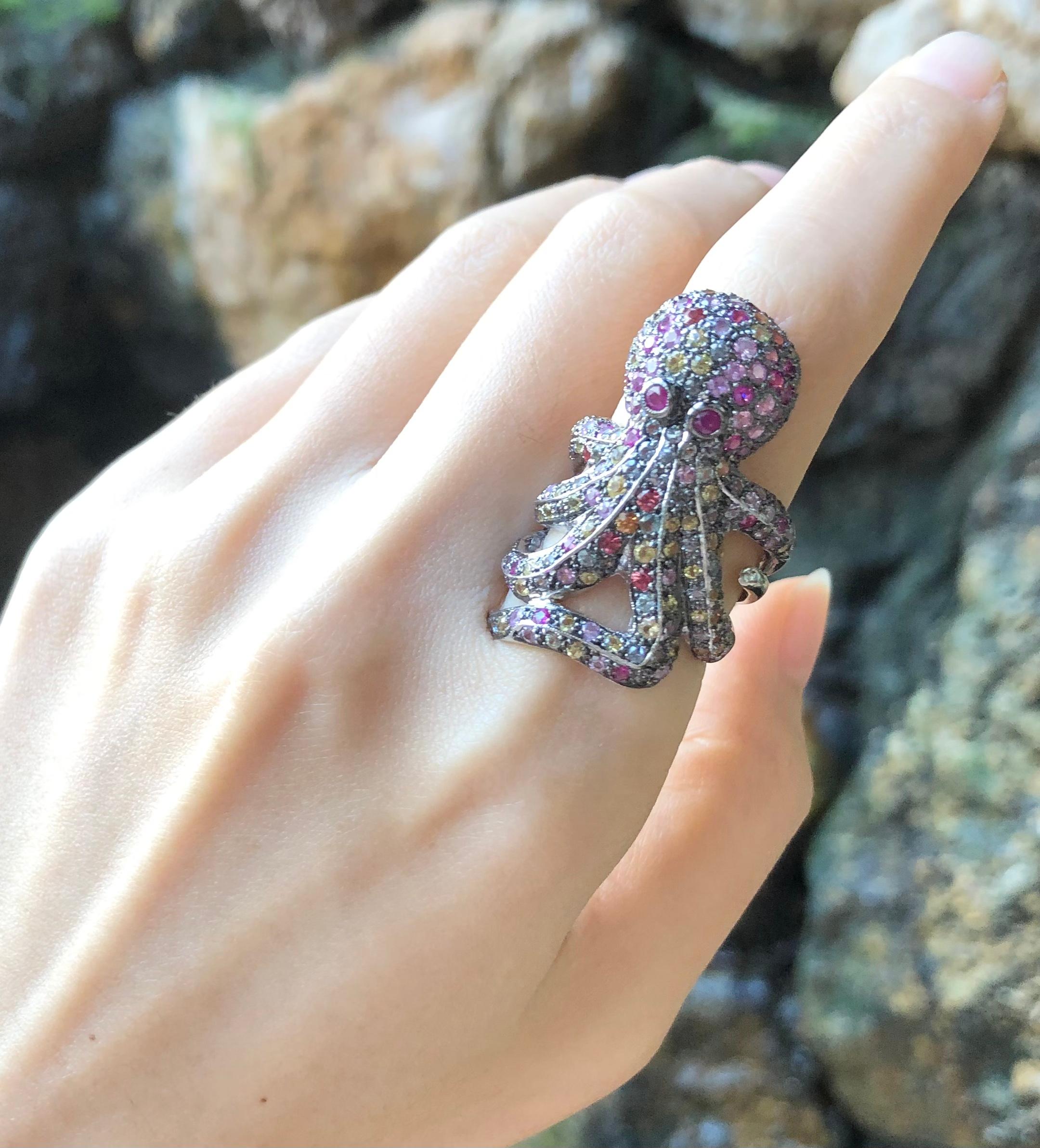Multi-Color Sapphire Octopus Ring set in Silver Settings For Sale 6