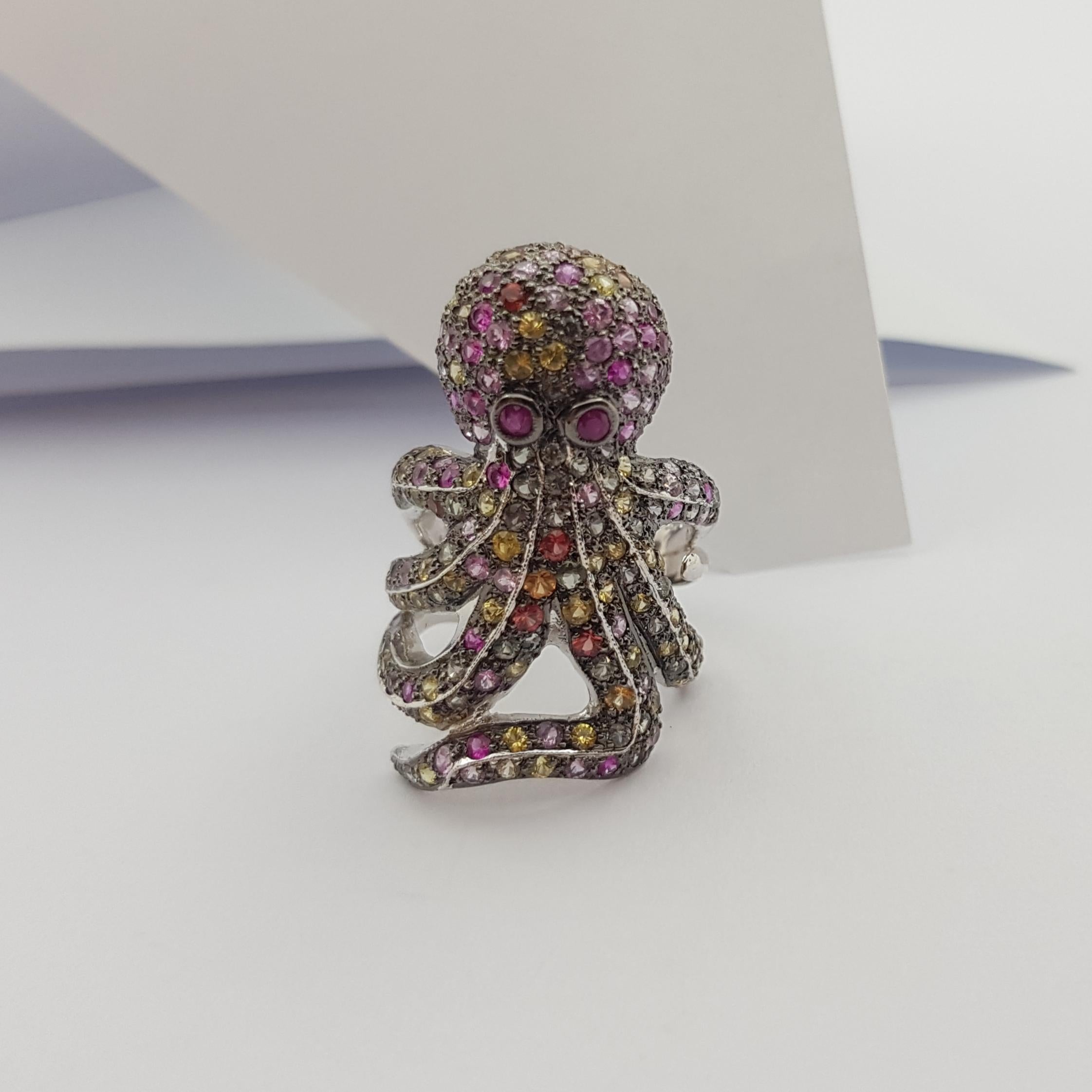 Contemporary Multi-Color Sapphire Octopus Ring set in Silver Settings For Sale