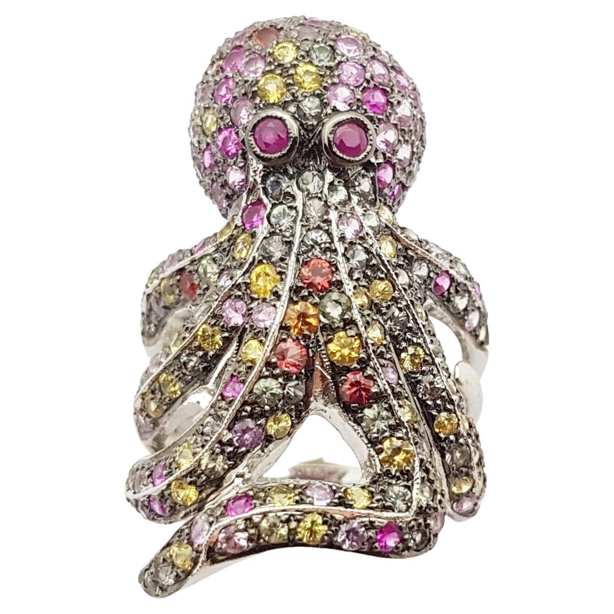 Multi-Color Sapphire Octopus Ring set in Silver Settings For Sale