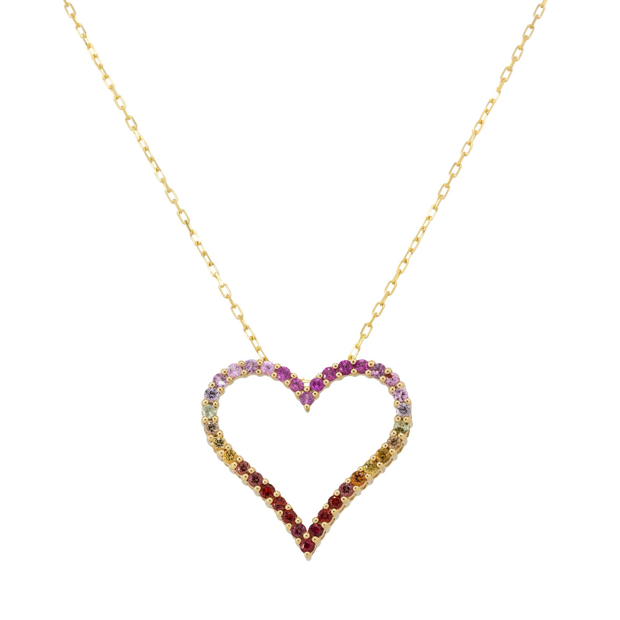 Round Cut Multi Color Sapphire Open Heart Pendant Necklace 18 Karat in Stock For Sale