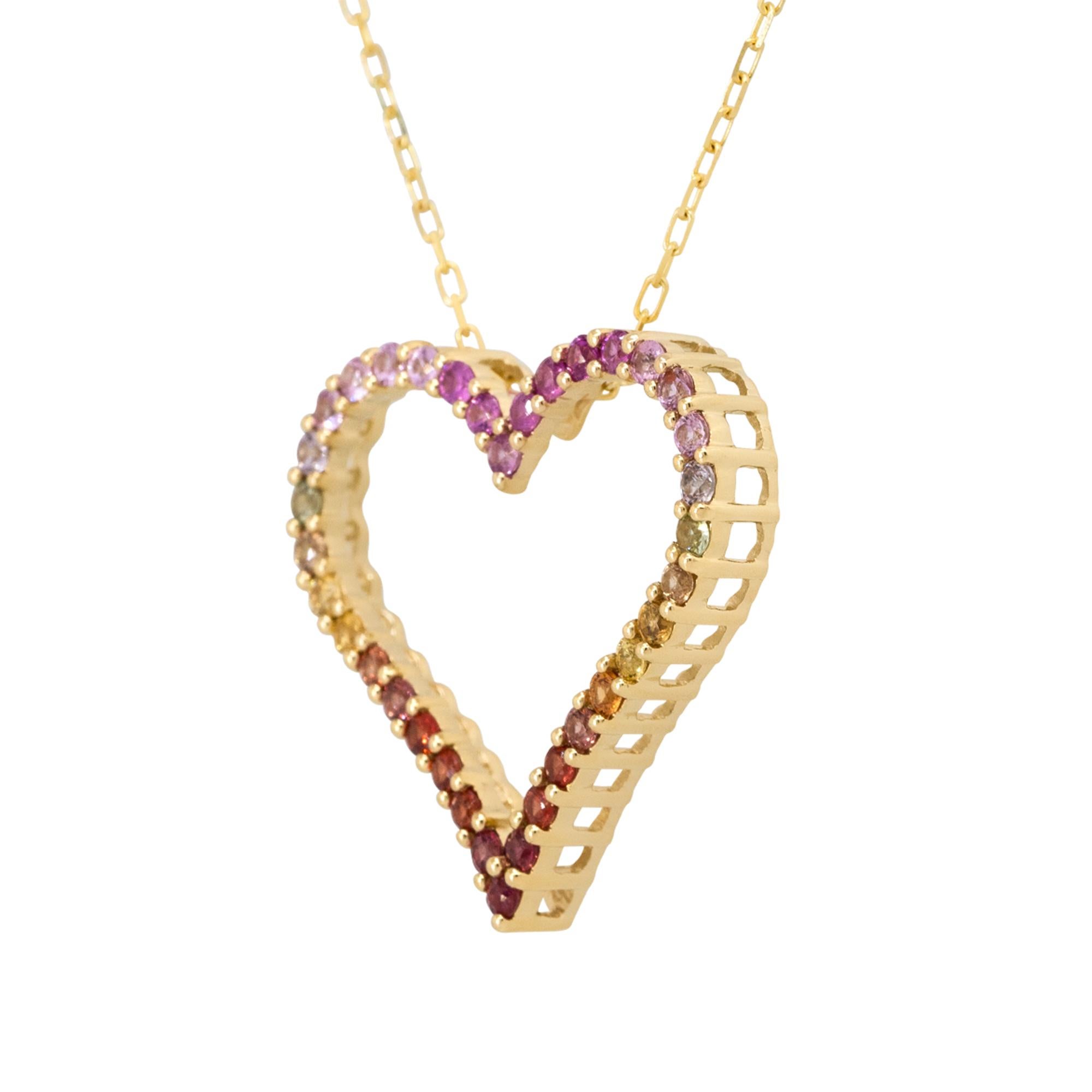 Multi Color Sapphire Open Heart Pendant Necklace 18 Karat in Stock In Excellent Condition For Sale In Boca Raton, FL