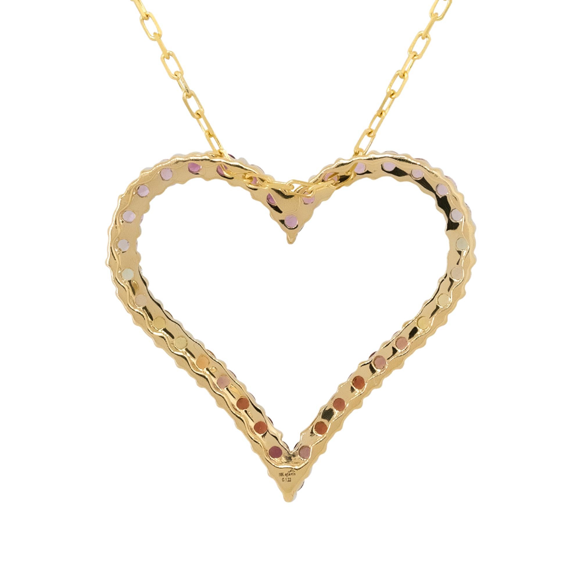 Women's Multi Color Sapphire Open Heart Pendant Necklace 18 Karat in Stock For Sale