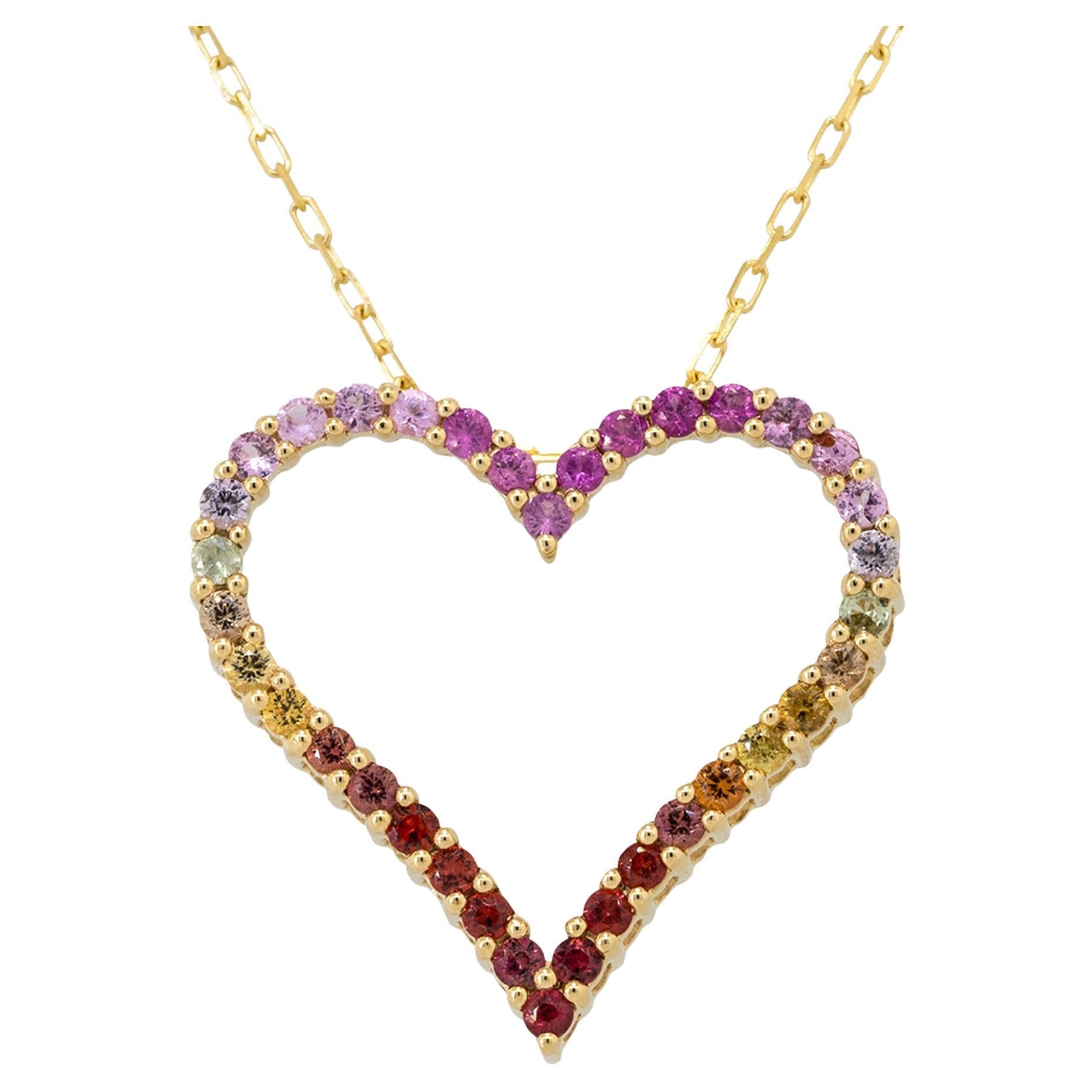 Multi Color Sapphire Open Heart Pendant Necklace 18 Karat in Stock