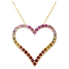 Collier pendentif en or 18 carats avec saphirs multicolores en forme de cœur ouvert