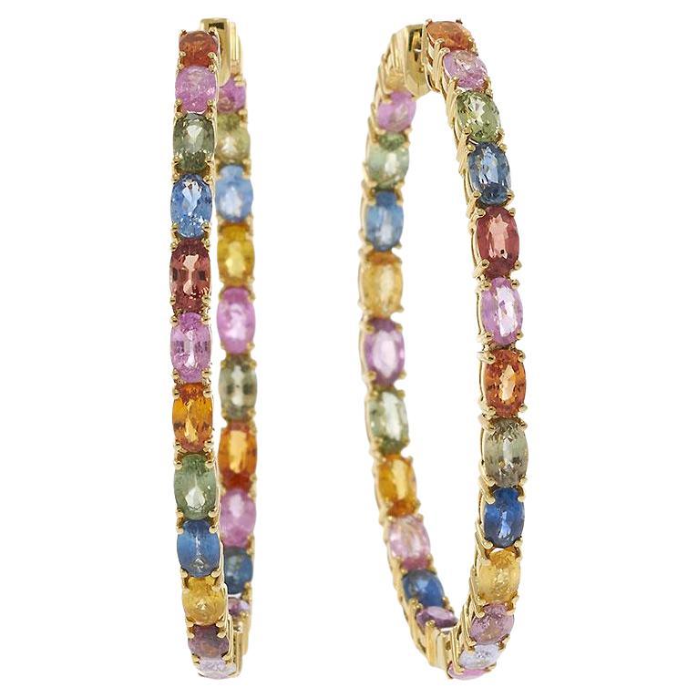 Multi-Color Sapphire Oval Hoop Earrings in 18KT Yellow Gold