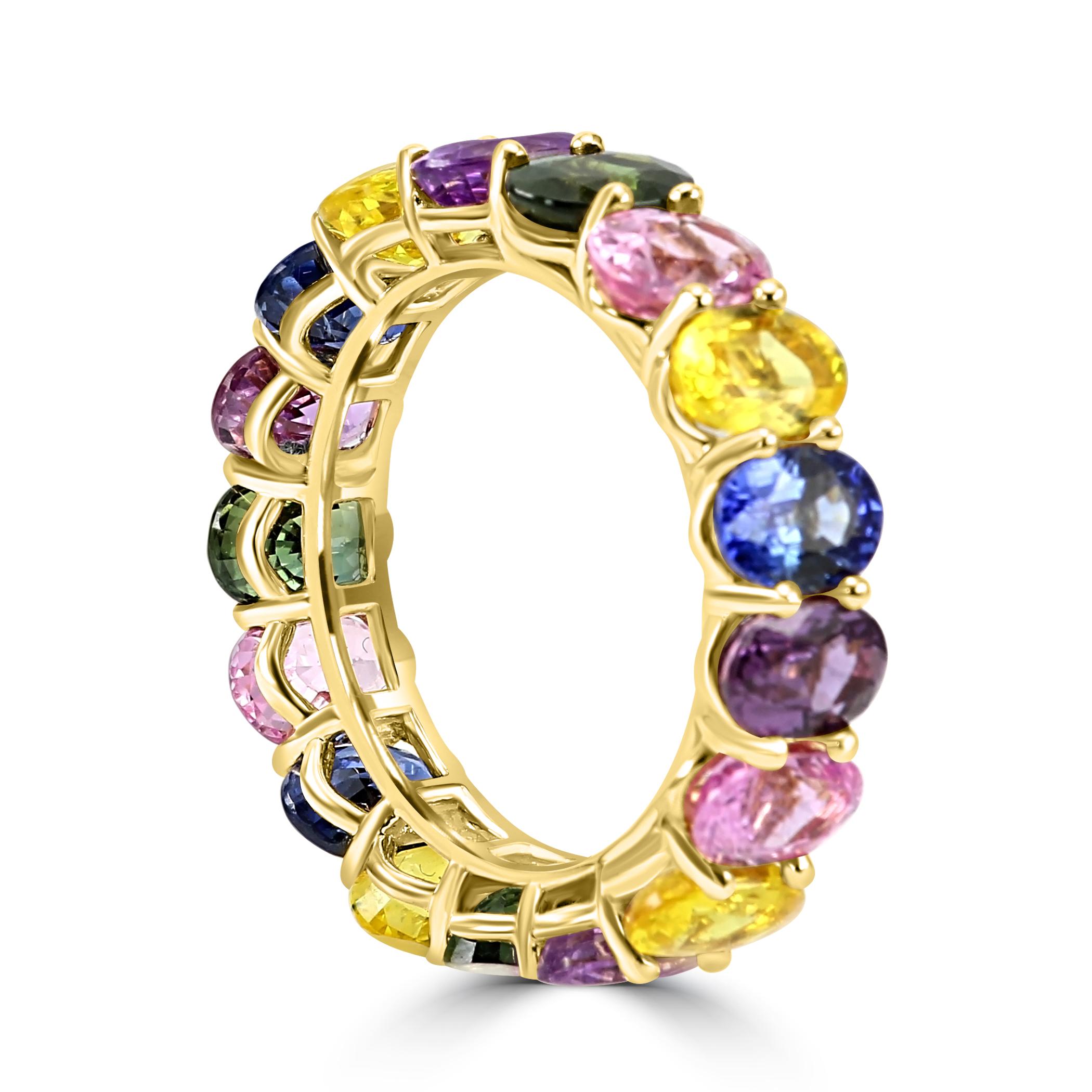 Oval Cut Multi-Color Sapphire Ovals 18 Karat Yellow Gold Eternity Fashion Ring For Sale