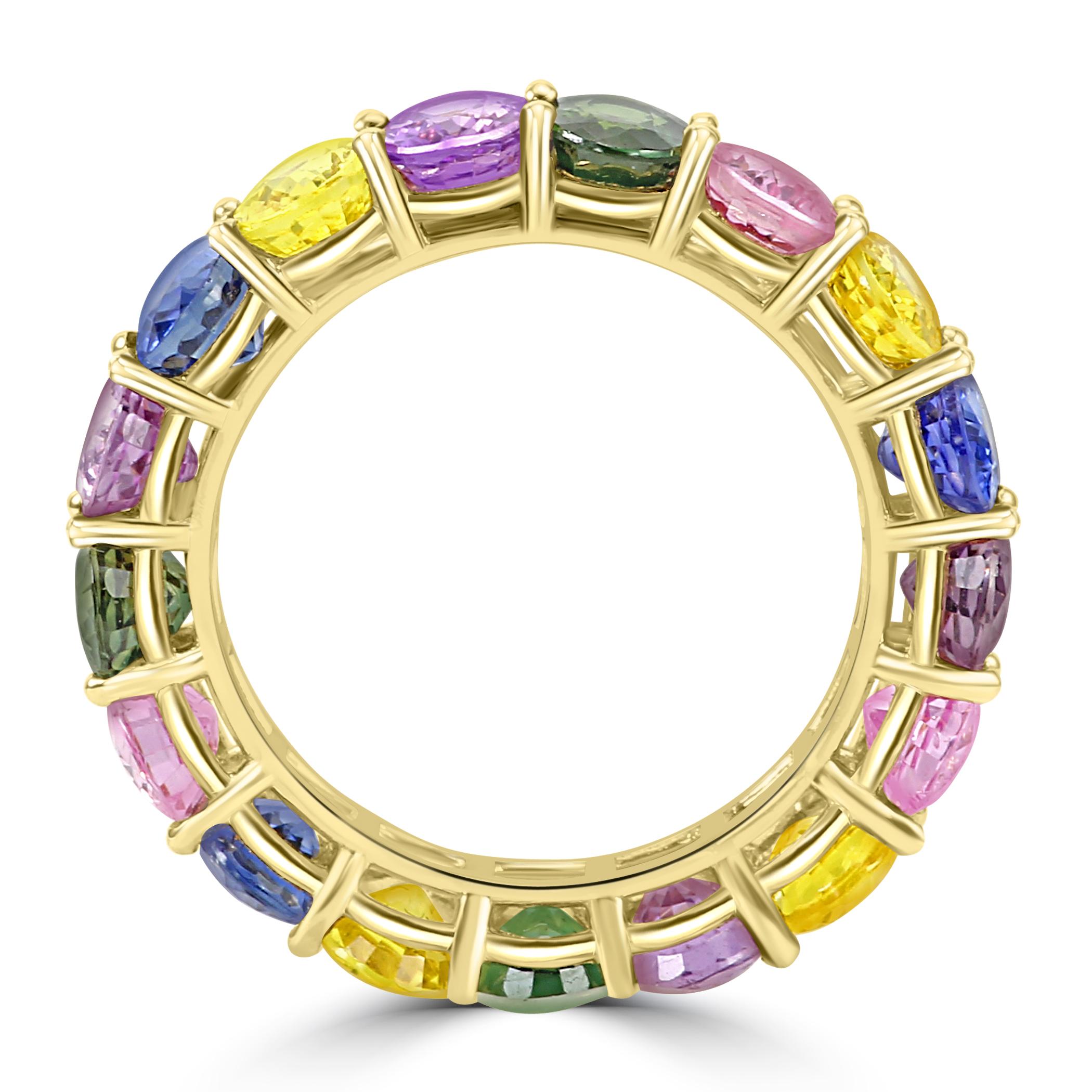 Multi-Color Sapphire Ovals 18 Karat Yellow Gold Eternity Fashion Ring In New Condition For Sale In New York, NY
