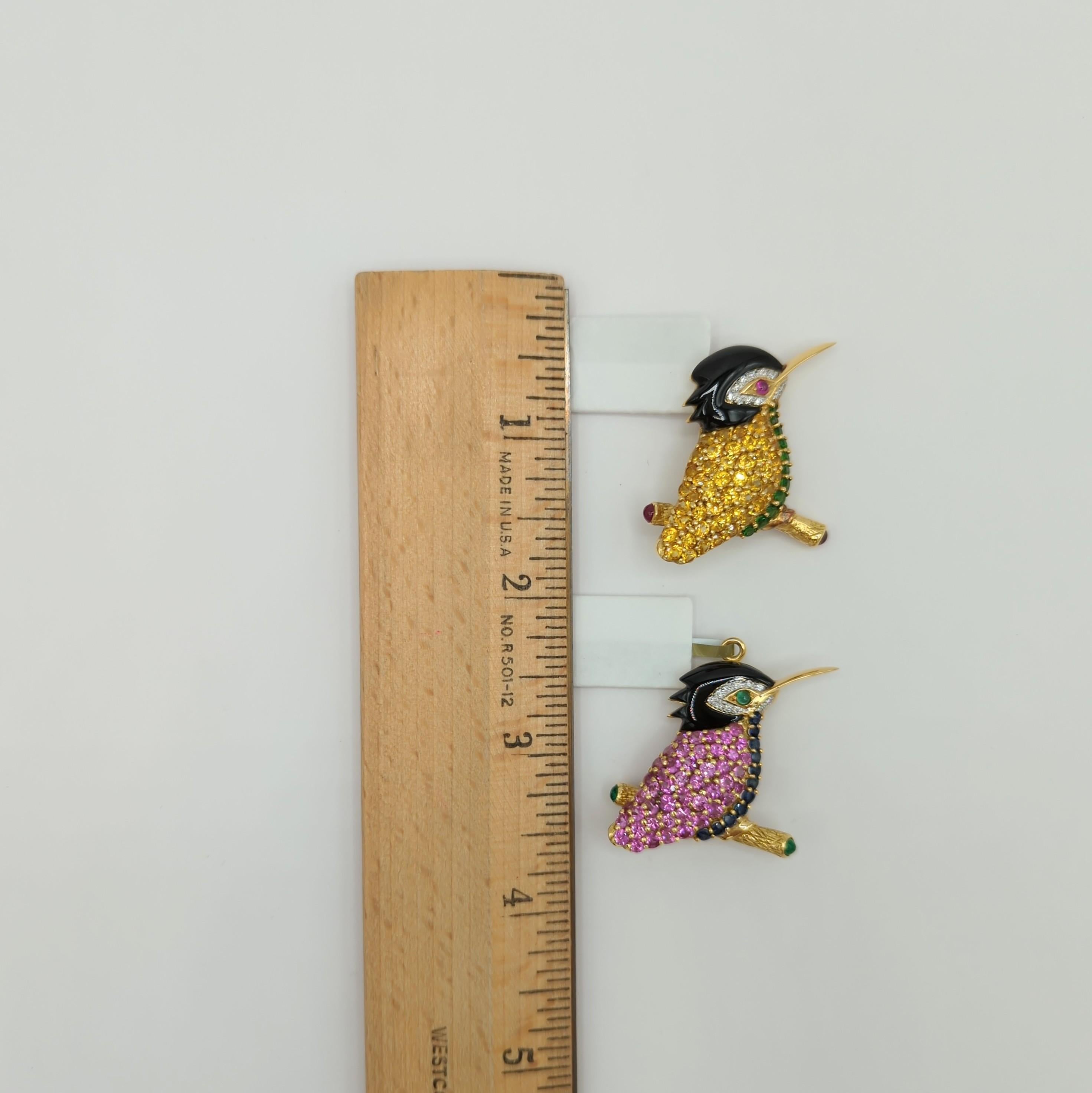 Multi-Color Sapphire Pair of Birds Brooch in 18K Yellow Gold For Sale 6