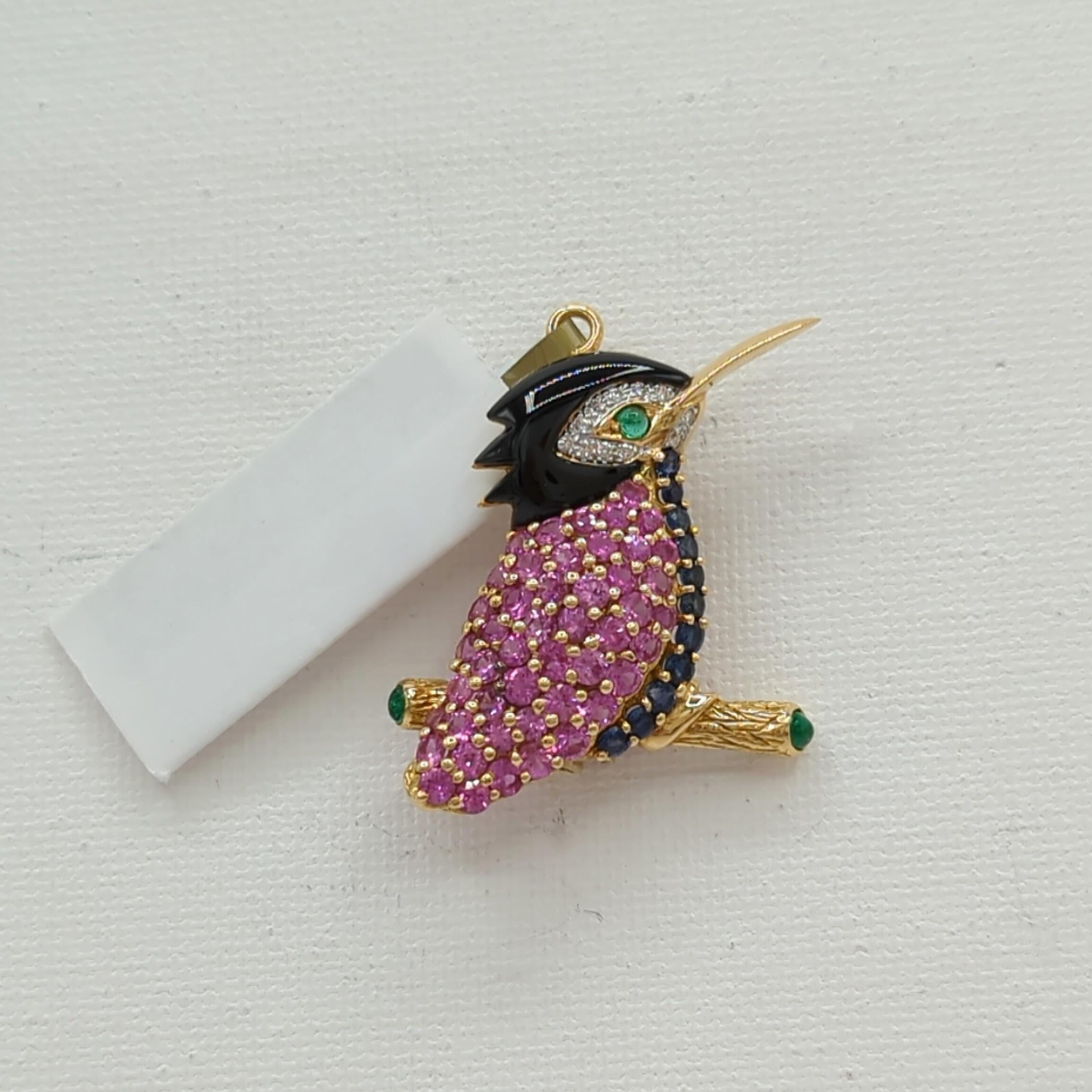 Multi-Color Sapphire Pair of Birds Brooch in 18K Yellow Gold For Sale 2