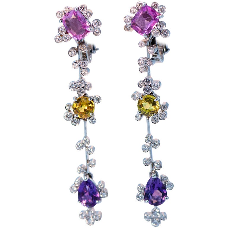 Multi-Color Sapphire Pink, Yellow, and Purple, Earrings For Sale at 1stDibs