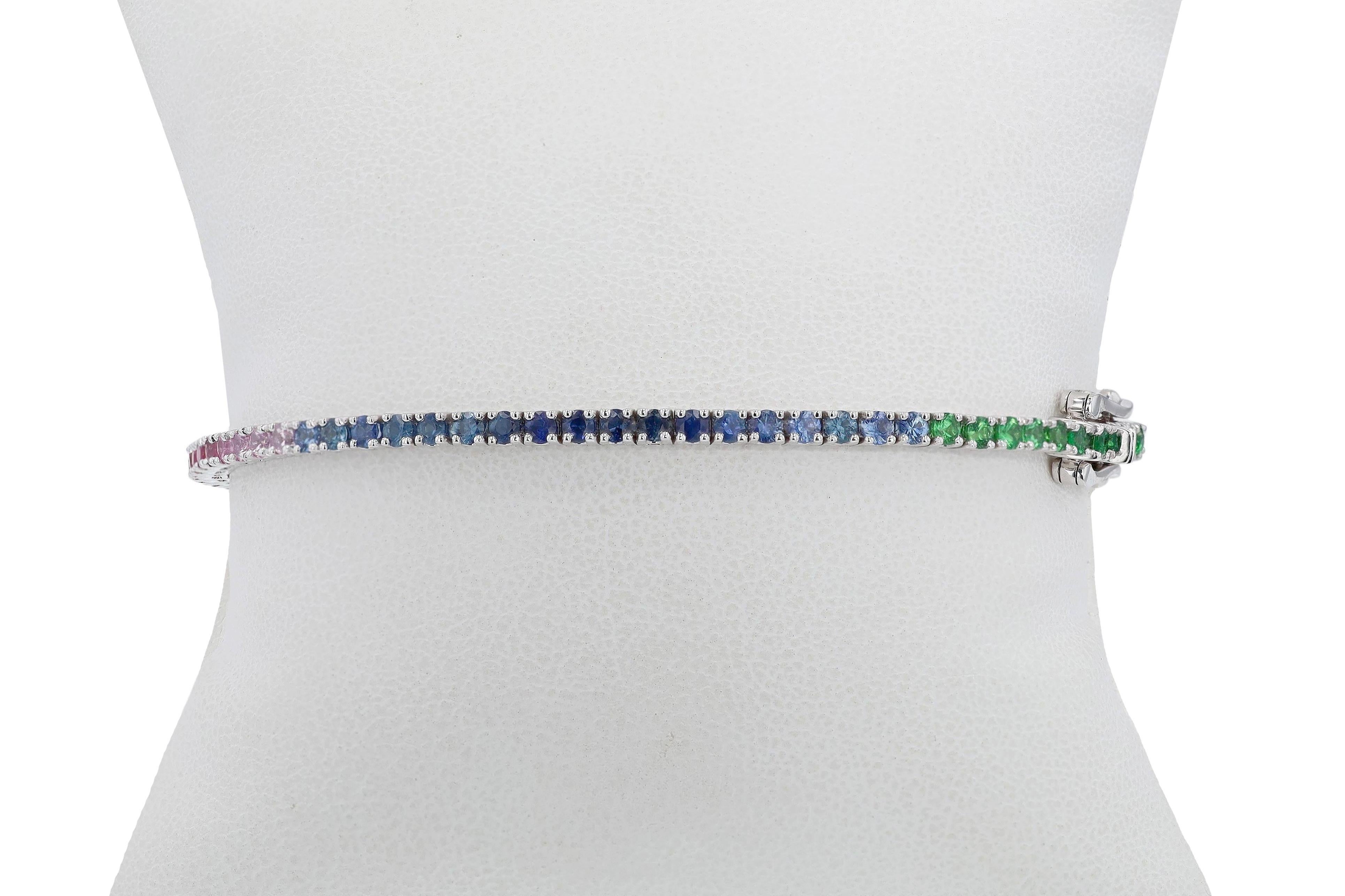 Multi Color Sapphire Rainbow 4.57 Carat Tennis Bracelet In New Condition For Sale In Santa Barbara, CA