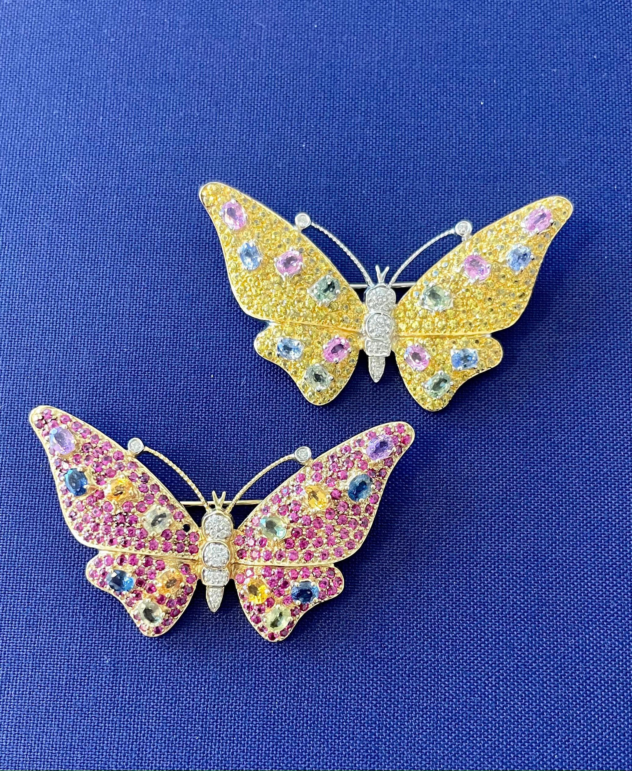 Multi-color Sapphire, Ruby and Diamond Butterfly Brooch Pin in 14K Gold For Sale 6