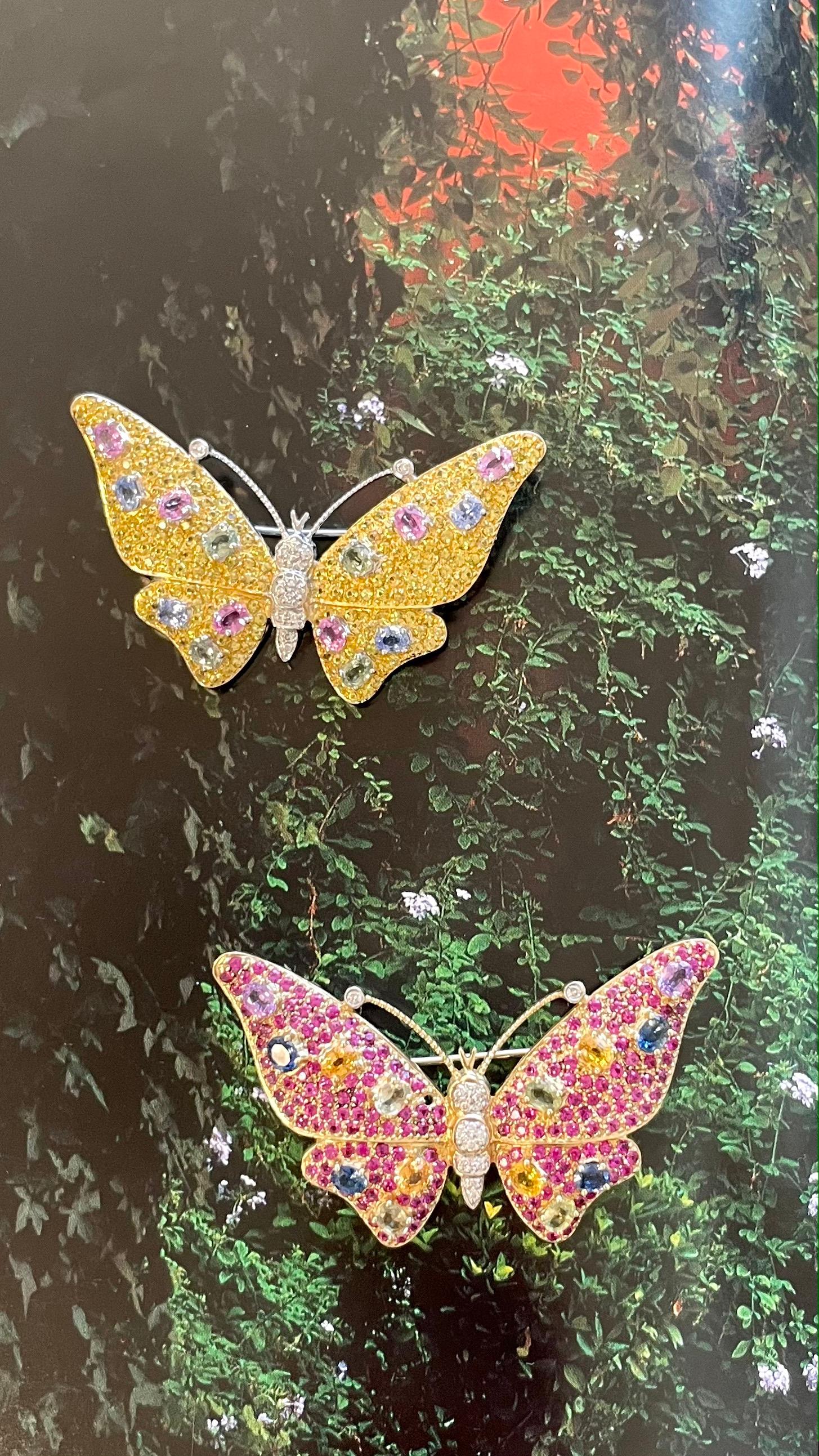 Multi-color Sapphire, Ruby and Diamond Butterfly Brooch Pin in 14K Gold For Sale 7