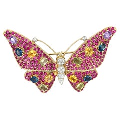 Multi-color Sapphire and Diamond Butterfly Brooch Pin in 14K Gold